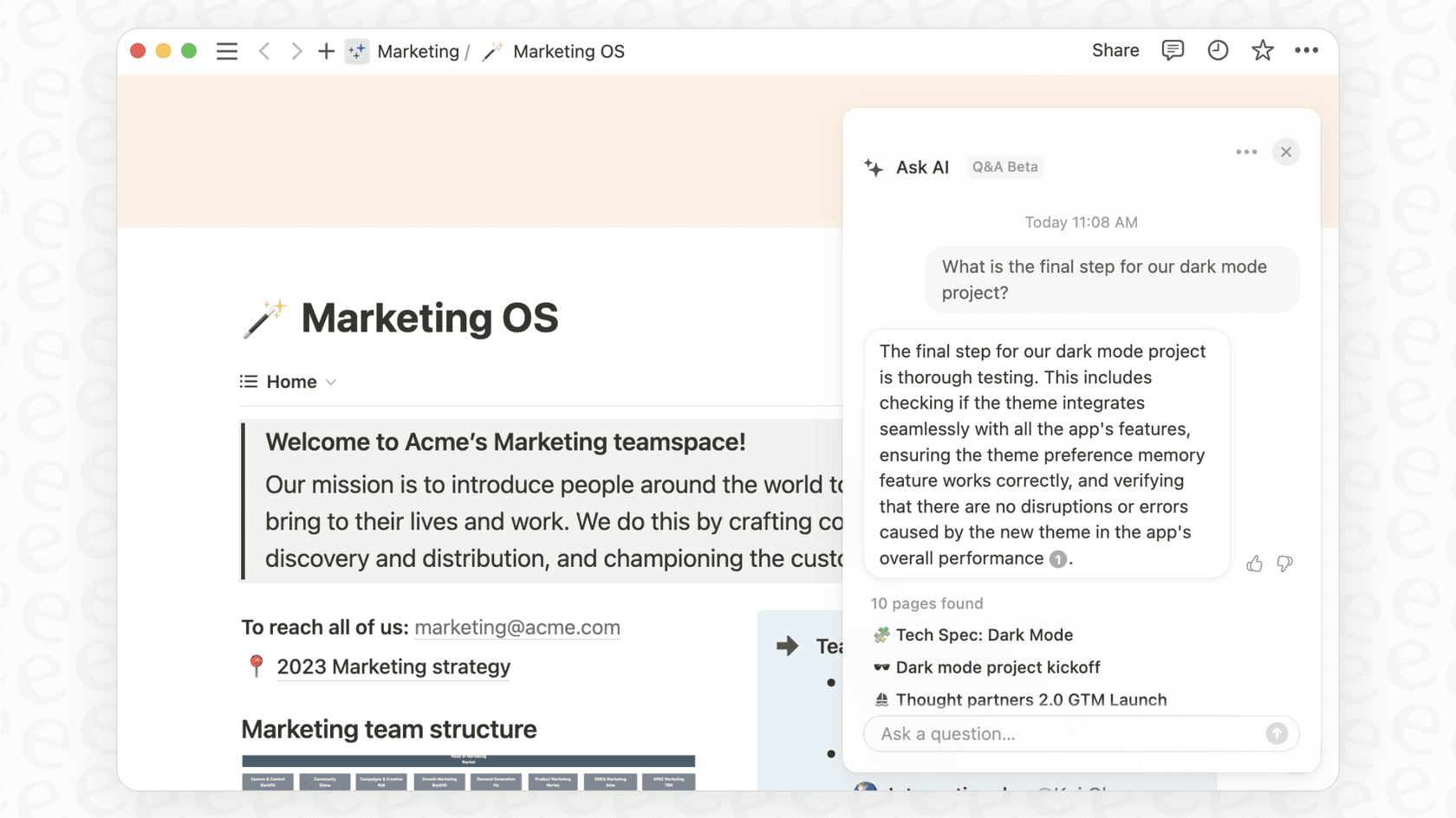 A user asking the Notion AI a question about a project, demonstrating the core feature of the Notion AI Jira Connector.