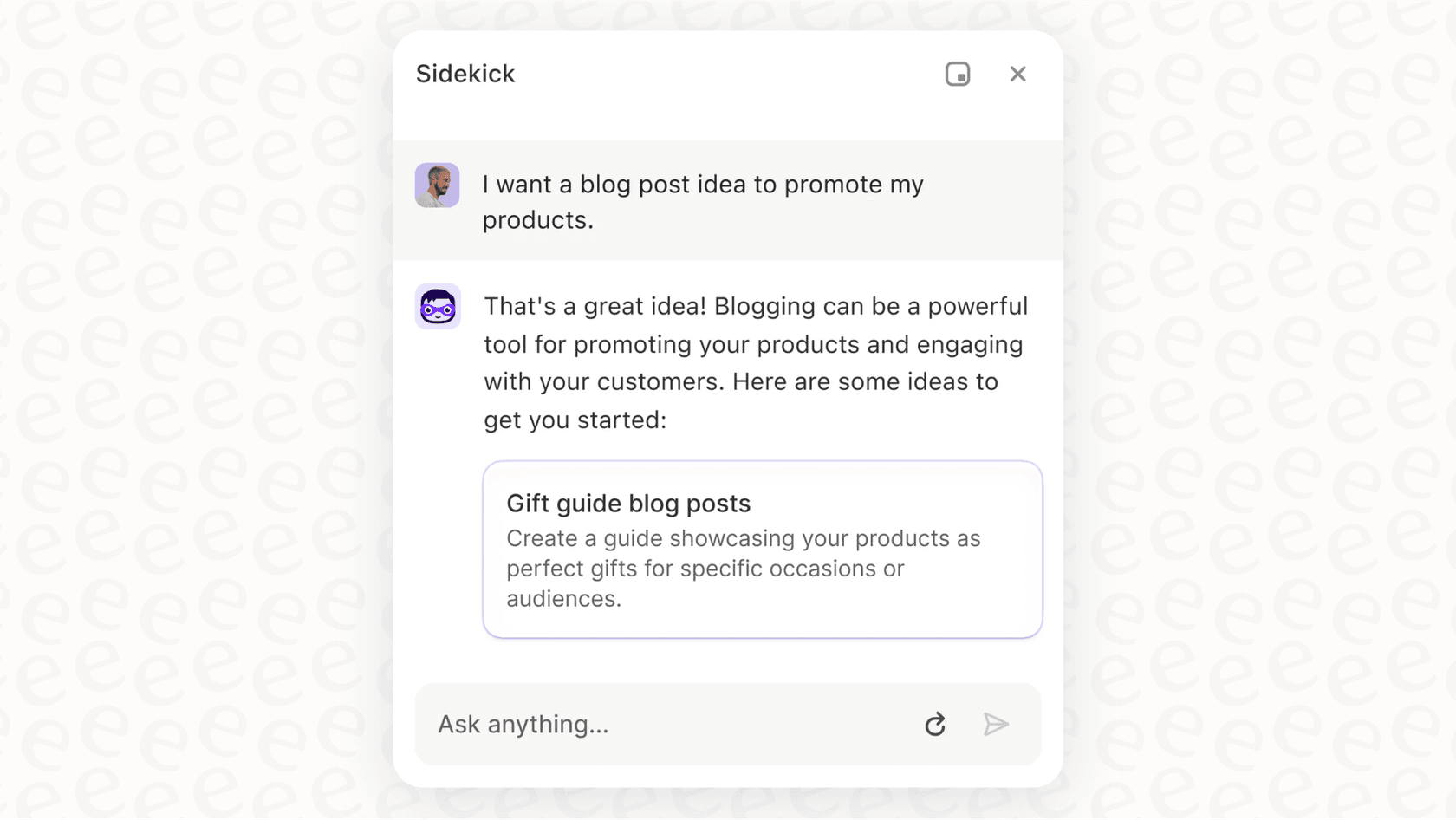A screenshot of the Shopify Sidekick feature, an example of a native Shopify AI integration.