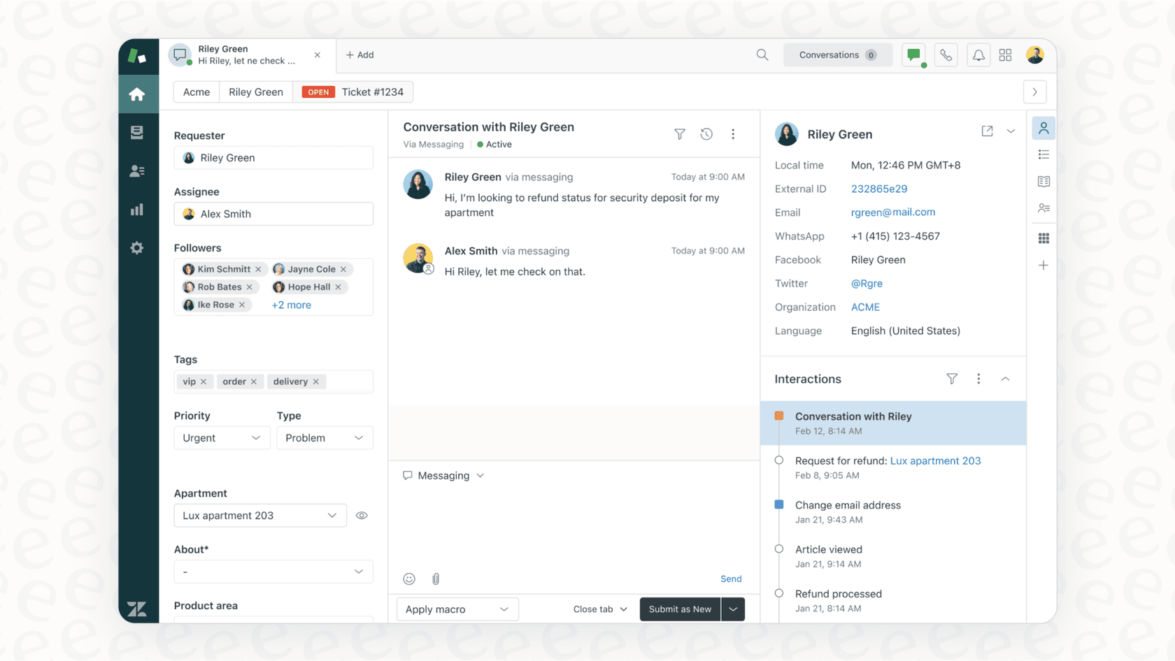 A screenshot of the Zendesk interface, showing how Zendesk works by displaying a customer ticket with the full conversation history.