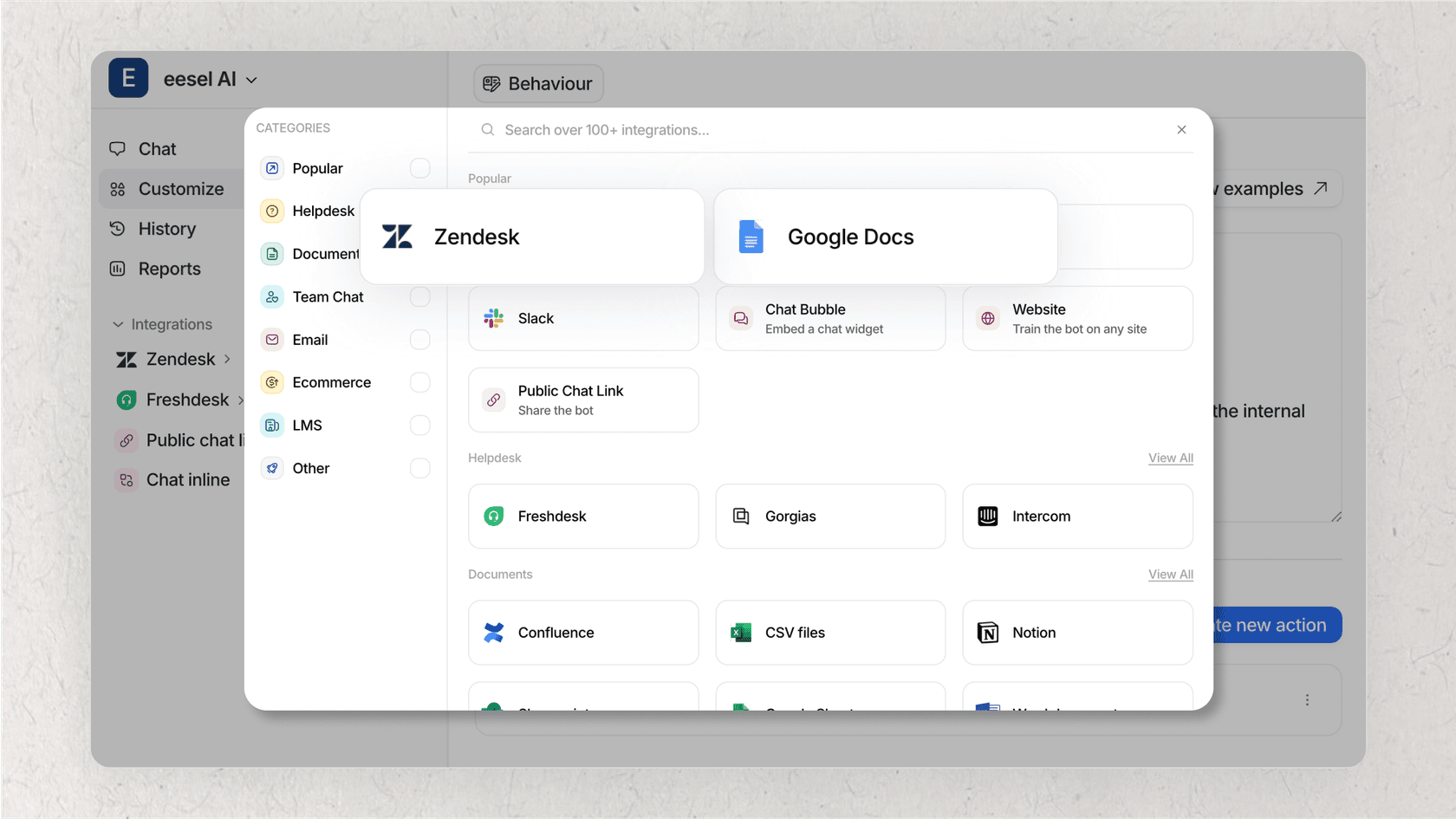 An illustration showing how eesel AI connects to internal knowledge bases like Zendesk and Confluence, an alternative approach discussed in this Frase AI review.