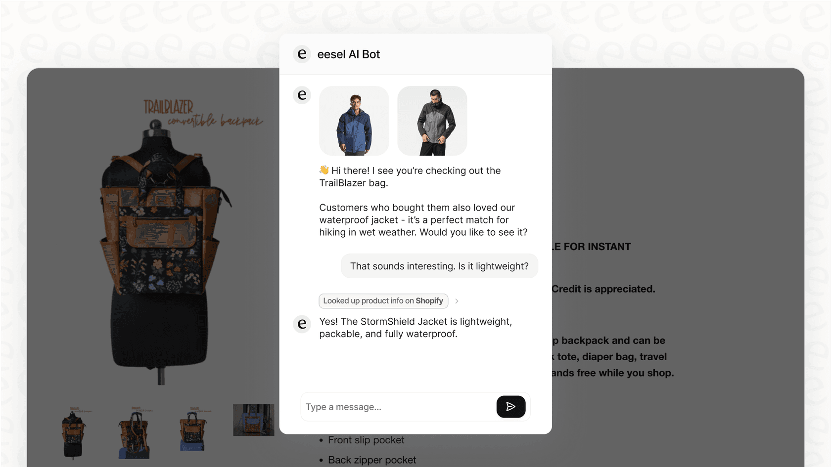 Screenshot showing a Magento AI Chatbot interface answering a customer query on an Adobe Commerce store.