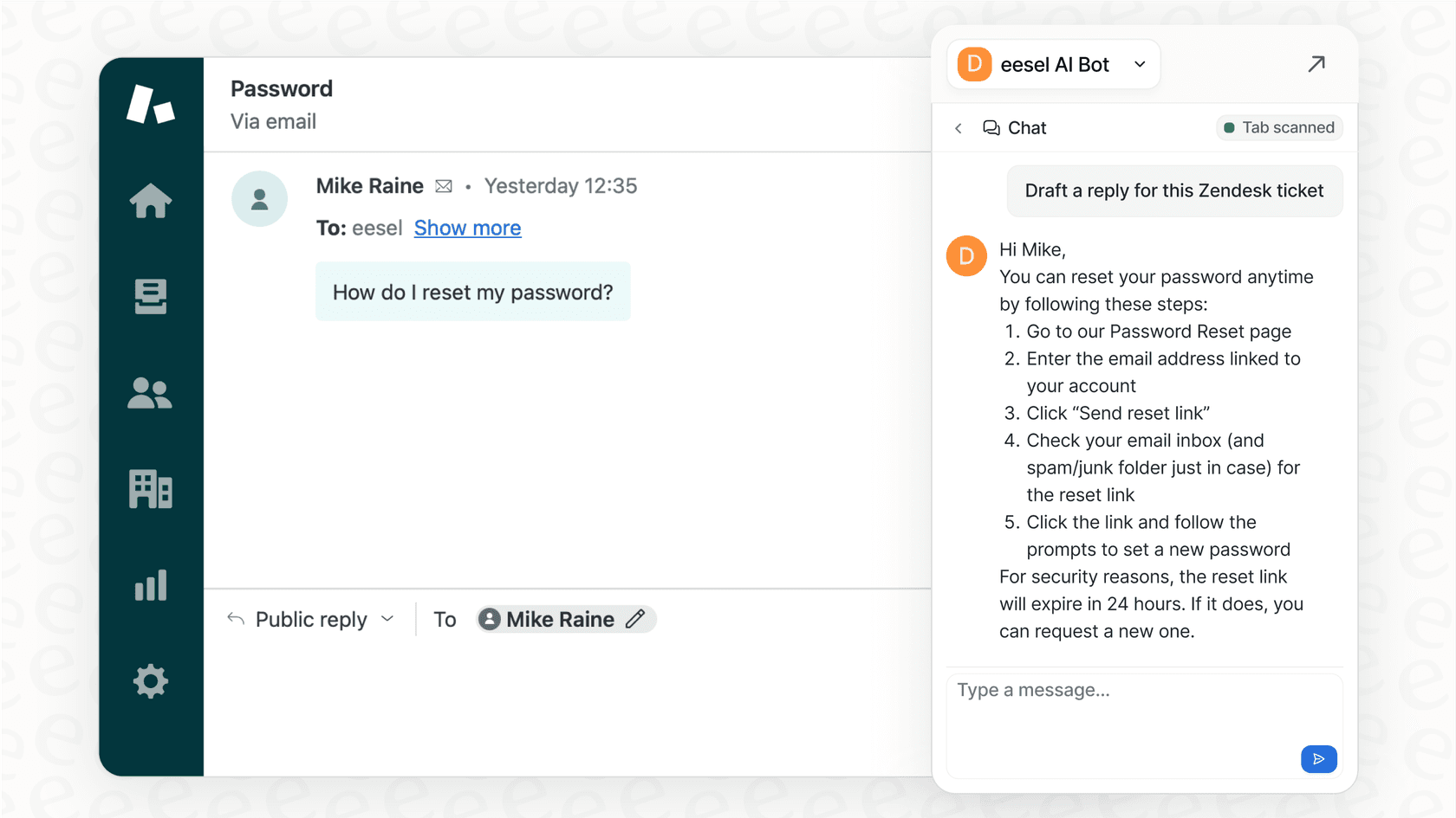 An AI copilot drafts a reply for a password reset query within the Zendesk interface, showing seamless help desk integration.
