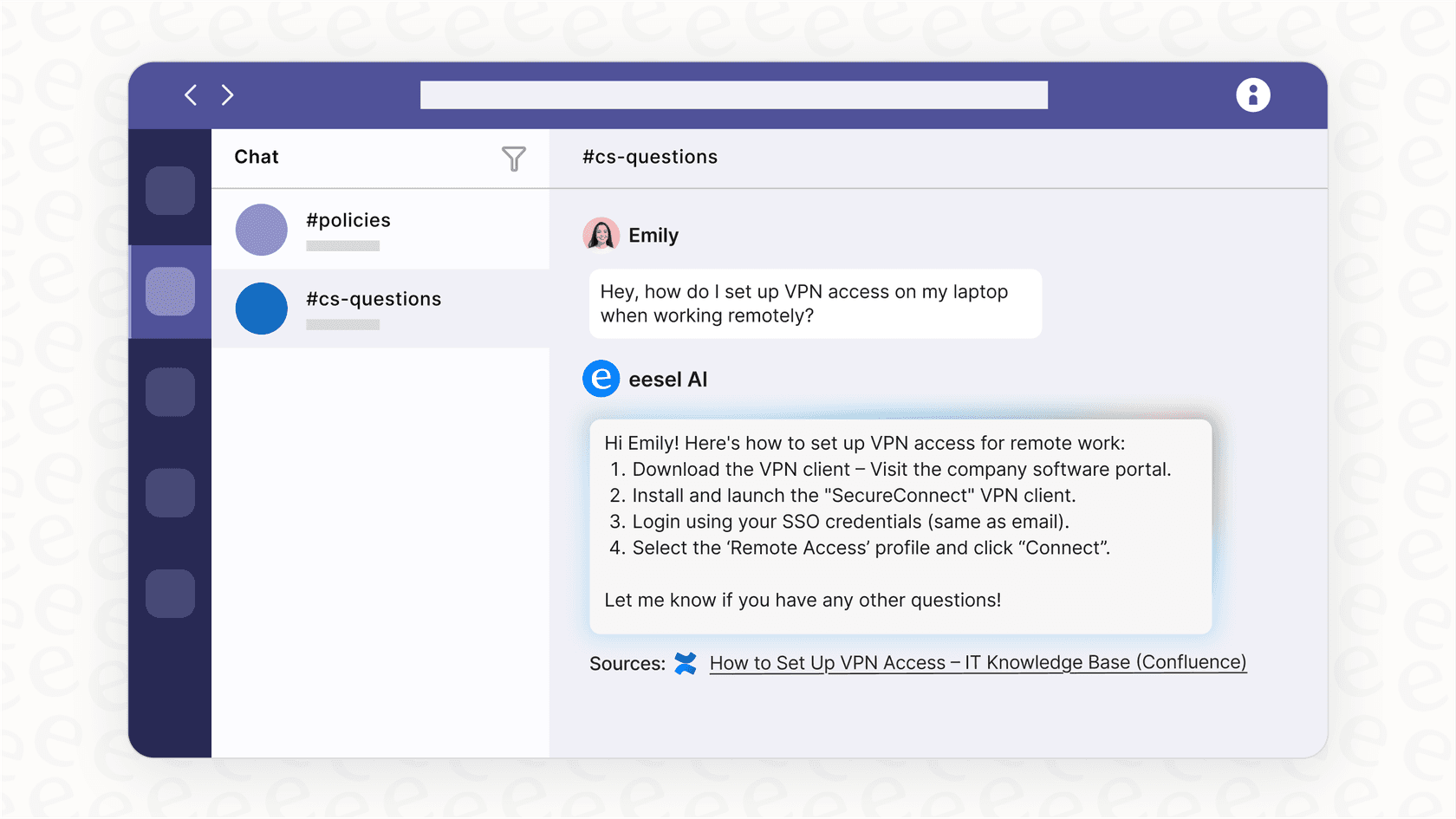 eesel AI providing answers inside Microsoft Teams chat interface.