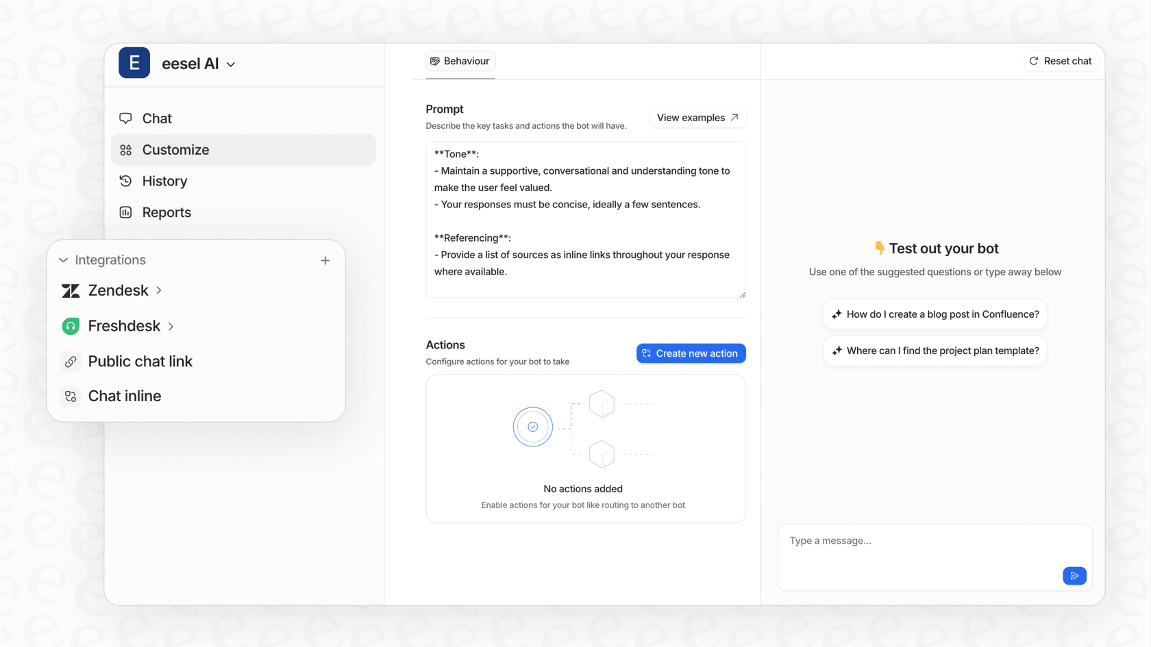 A screenshot of the eesel AI platform showing how it integrates with various business applications like Zendesk and Confluence.