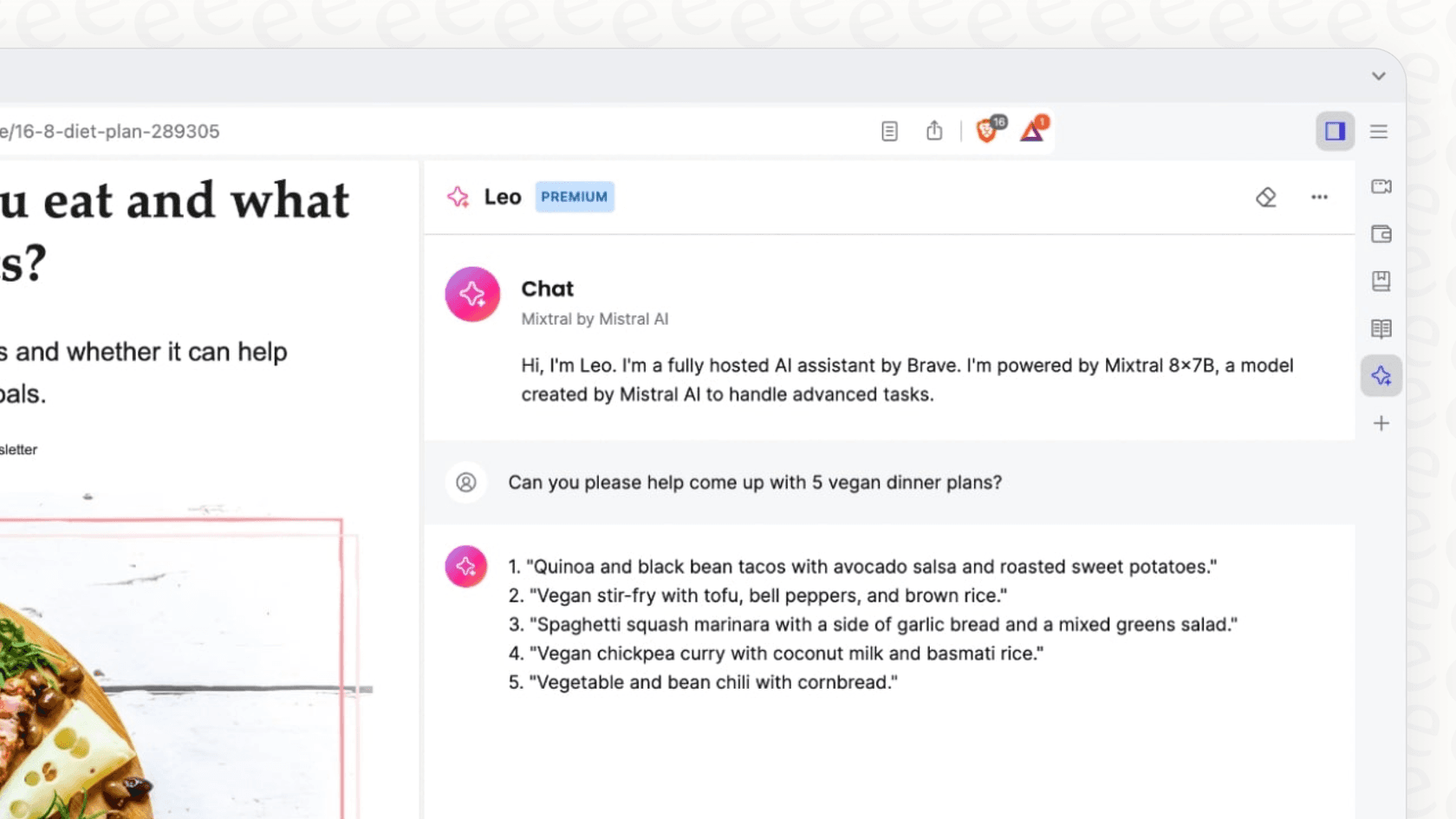 The Brave browser with its built-in private AI assistant, Leo, making it a top privacy-focused option among ChatGPT Atlas alternatives.::