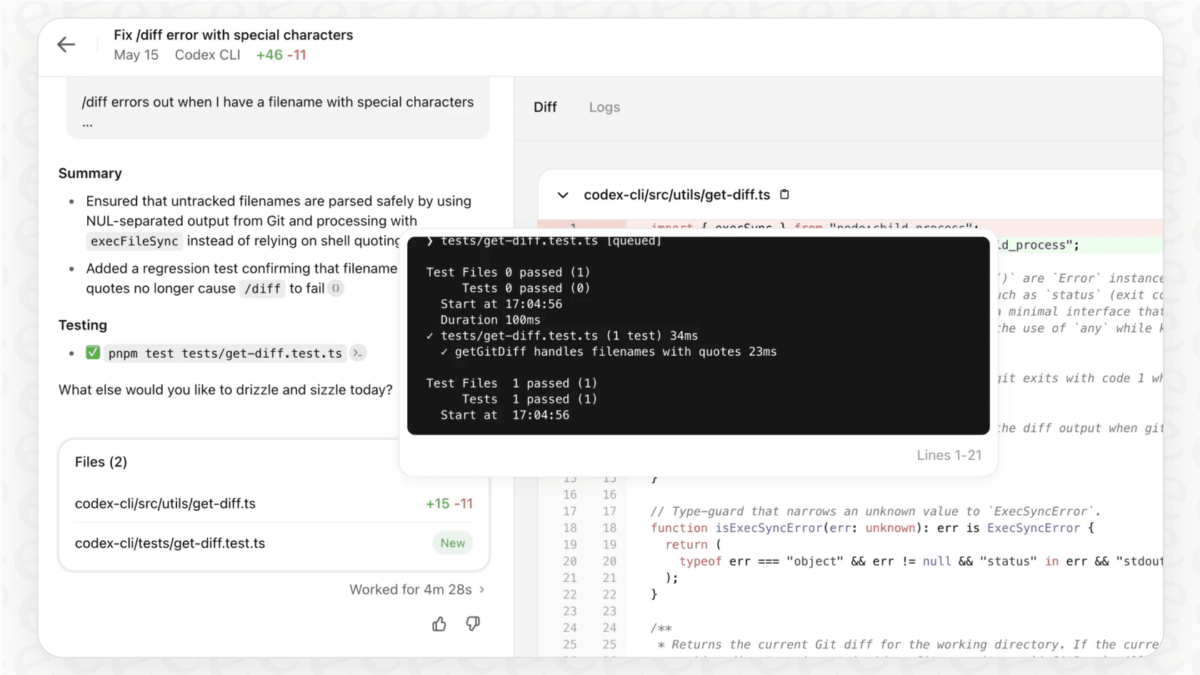A screenshot of the OpenAI Codex interface, illustrating how it assists developers with code within an IDE. This highlights the practical application of OpenAI Codex integrations with Slack for programming tasks.