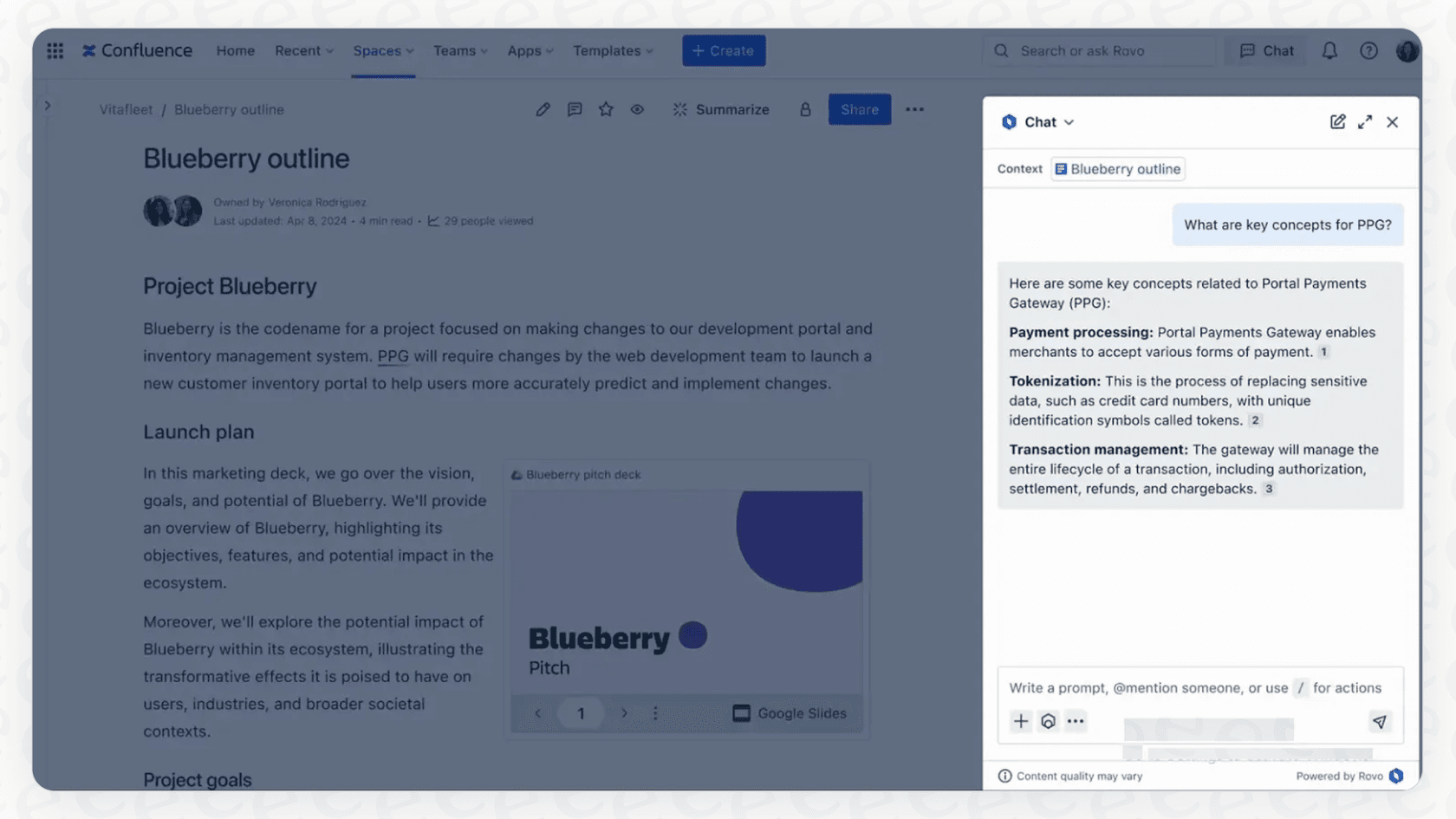 A screenshot showing the user interface for the AI-powered Rovo Chat.