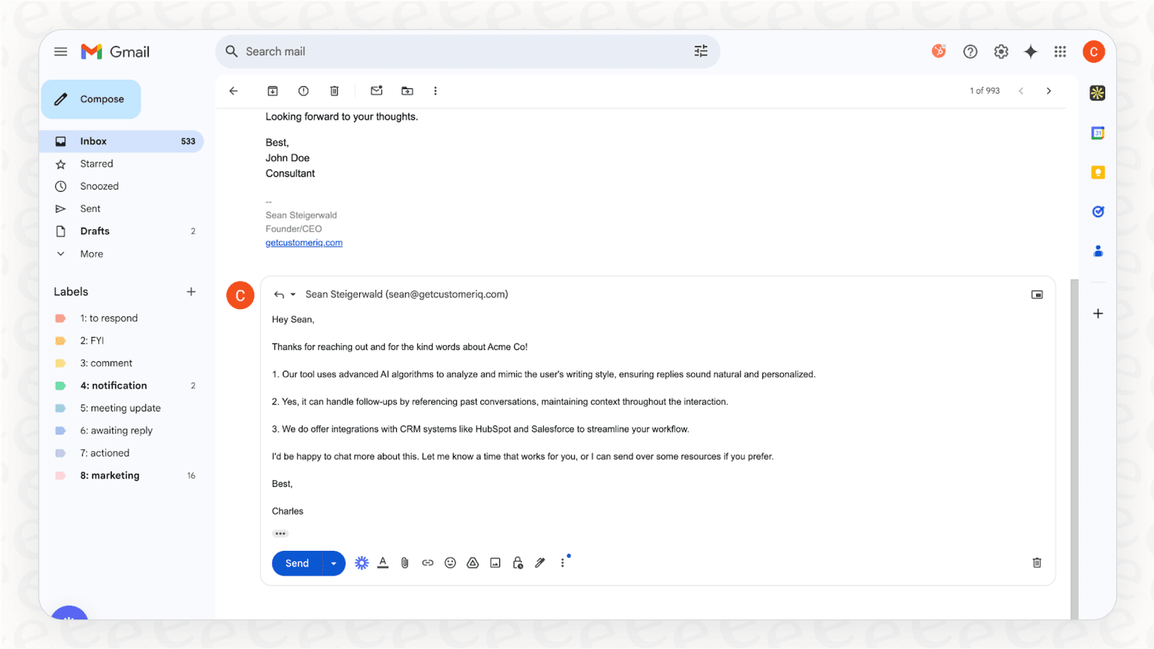 A screenshot showing an AI-generated email reply based on Fyxer AI reviews of the drafting feature.