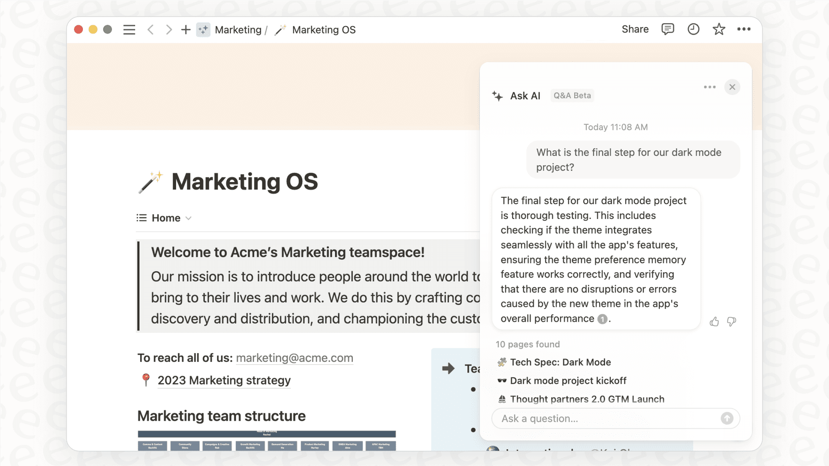 A user asks Notion AI a question, and the results show answers sourced from both a Notion doc and a Slack conversation, illustrating the Slack AI integration with the Notion AI Summarize Content feature.