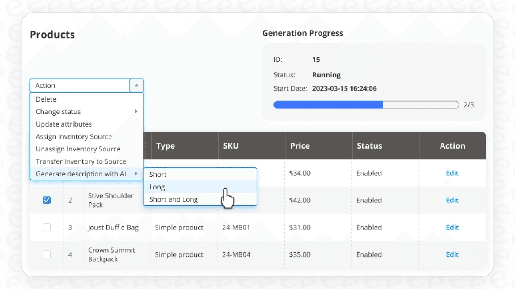 A demonstration of the bulk processing feature in a Magento AI Bulk Content Generation extension.