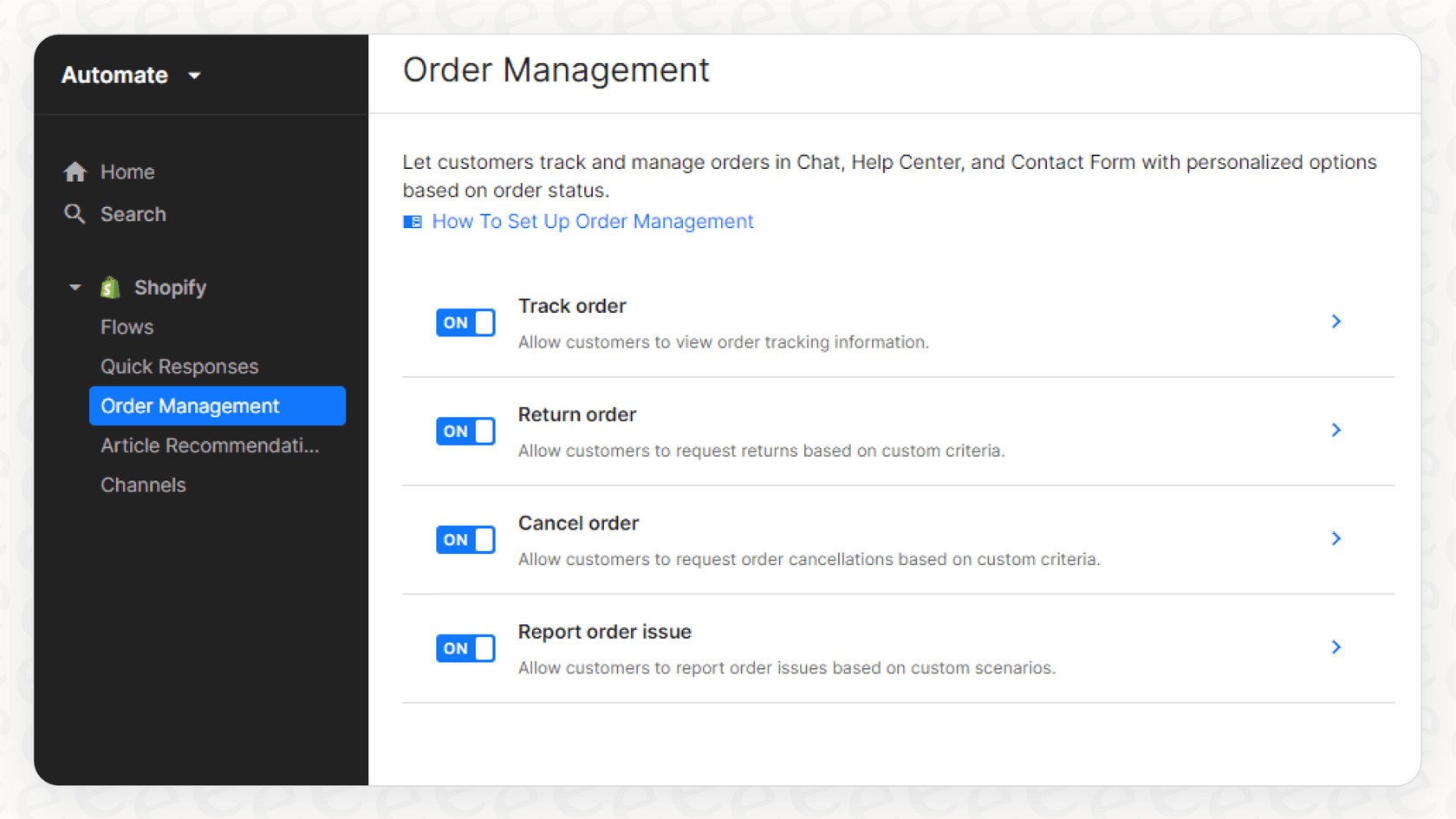 A view of the customer portal for Gorgias AI flows and order management where users can handle their orders.