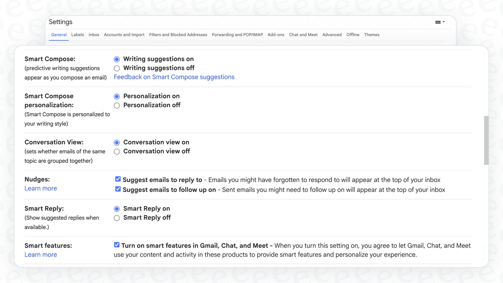 A screenshot showing the steps to disable the Gmail Smart Compose feature in the settings menu.