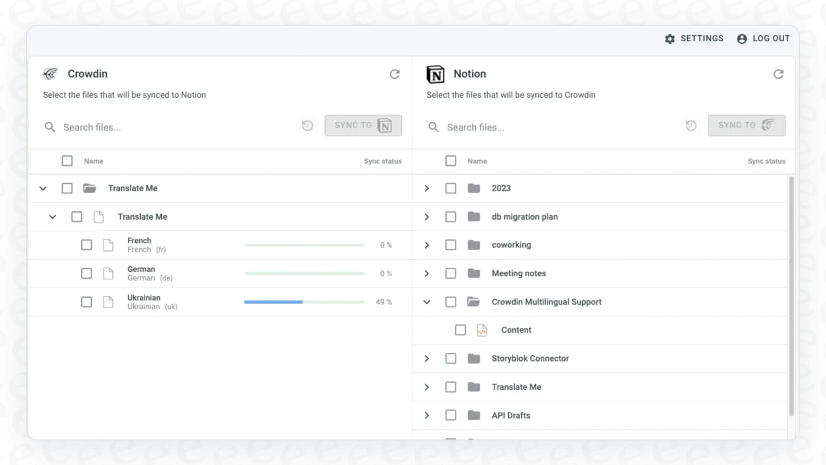 The Crowdin interface connected to Notion, used for managing a Notion Translate Page with localization features.