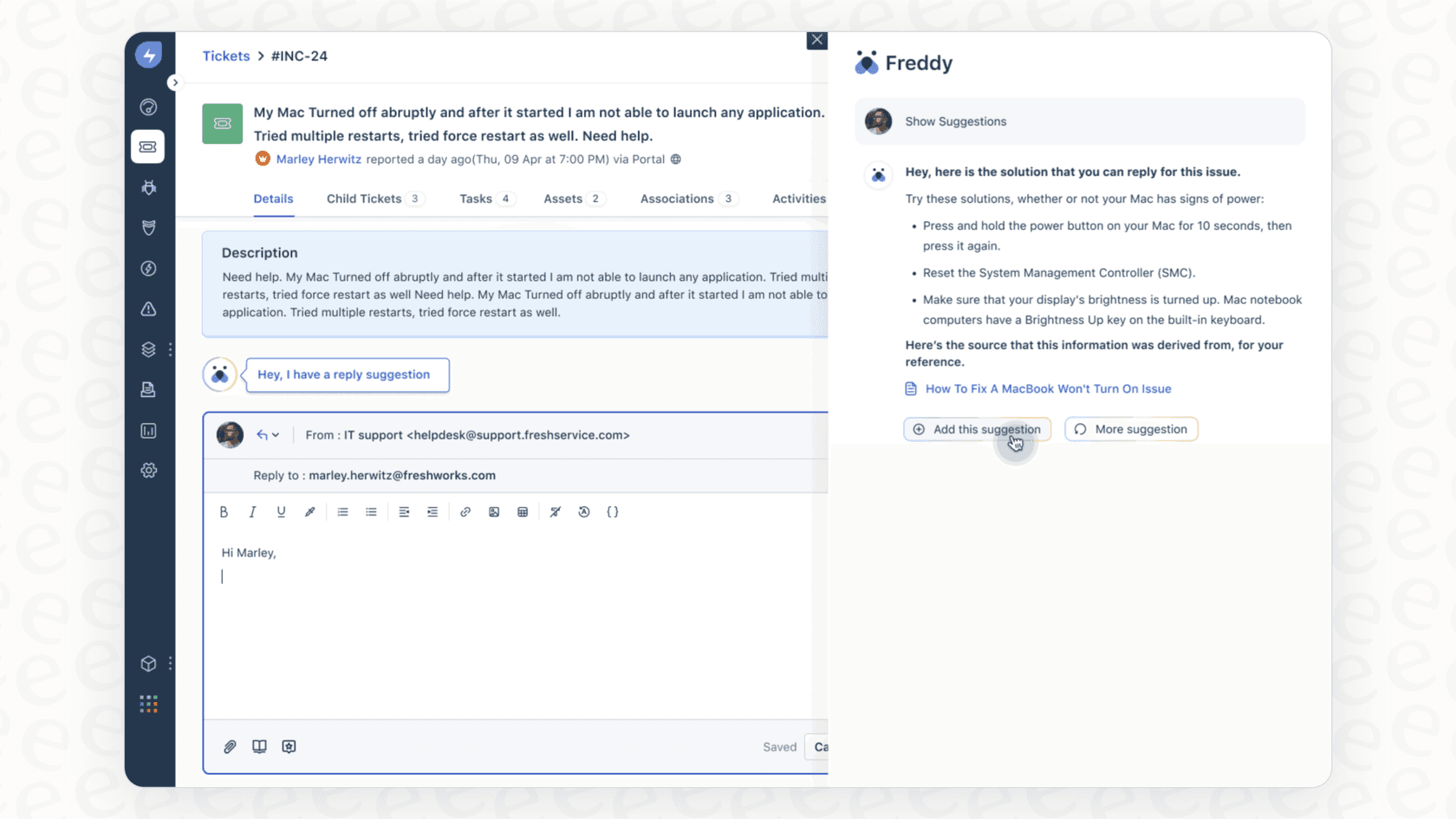 A screenshot displaying the main features of the Freddy Copilot for Freshdesk integration within the helpdesk.