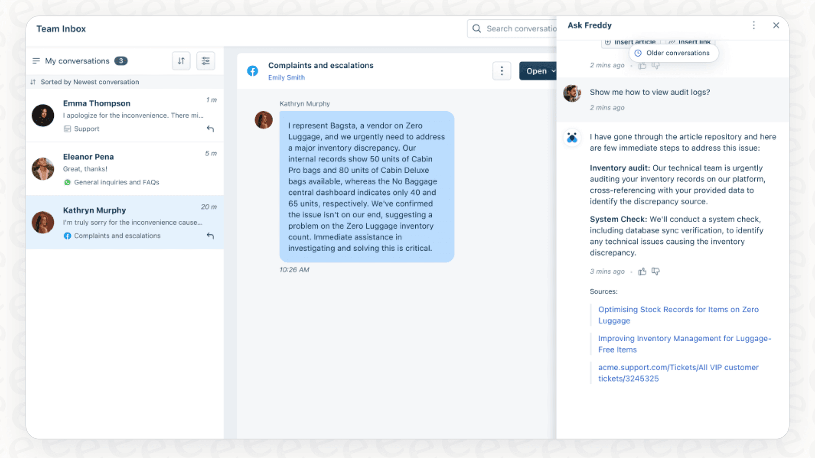 Freddy AI engaging with a user to provide information from the knowledge base. Using Freshdesk AI chatbots to deflect tickets starts with a good conversational AI.