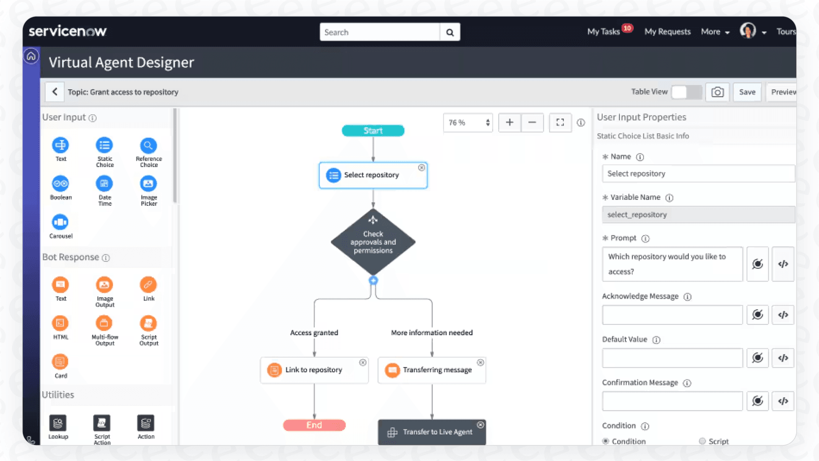 A screenshot showing the no-code, drag-and-drop interface for building and customizing agents within the ServiceNow AI Agent Studio.