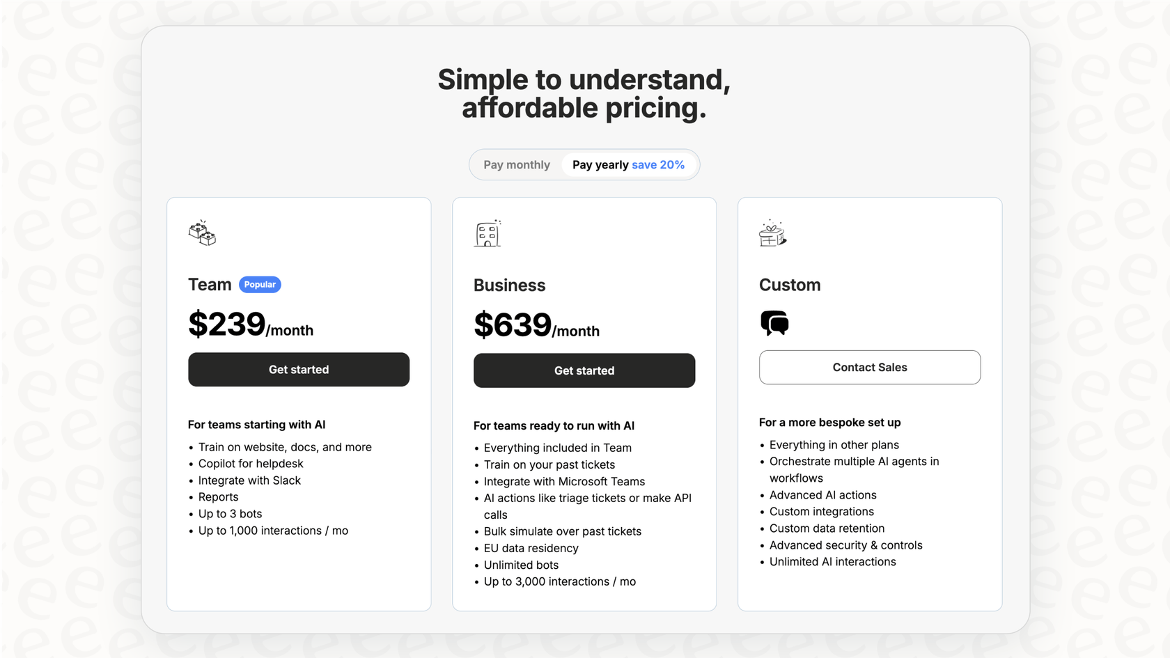 A screenshot of the eesel AI public pricing page, highlighting the transparent, flat-fee model as a predictable alternative for an Intercom Slack integration.