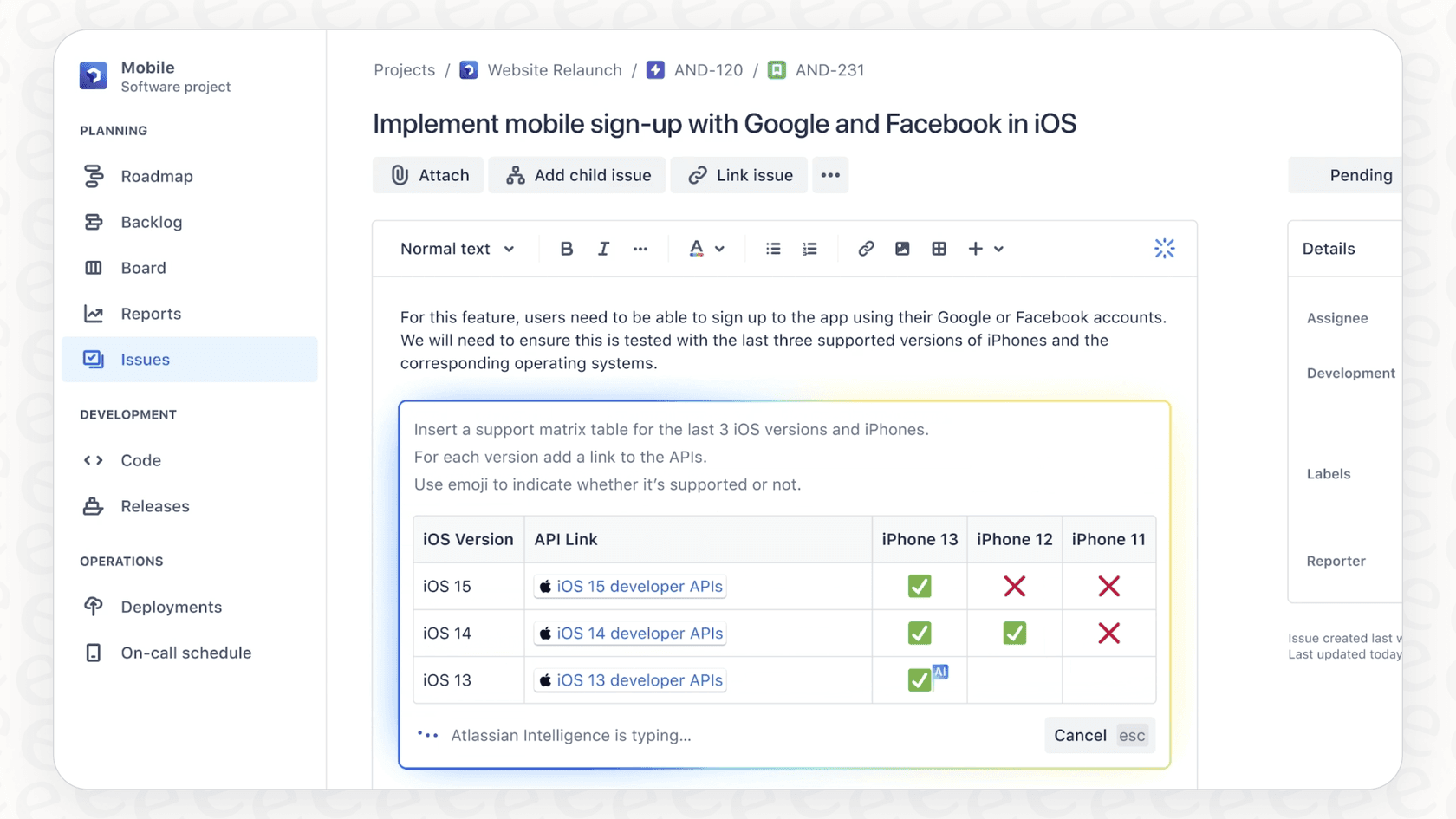 A screenshot showing the /ai command being used to access Atlassian Intelligence Draft Content features in the editor.