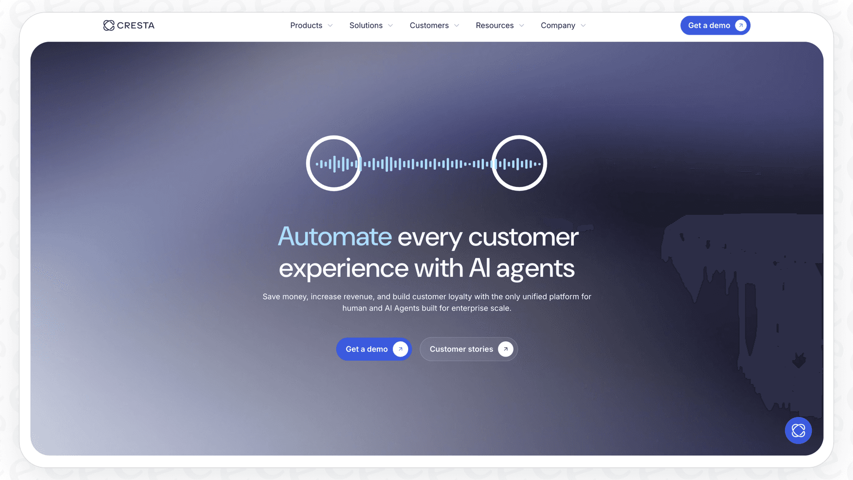 A screenshot of the Cresta homepage showing the enterprise contact-center platform overview.