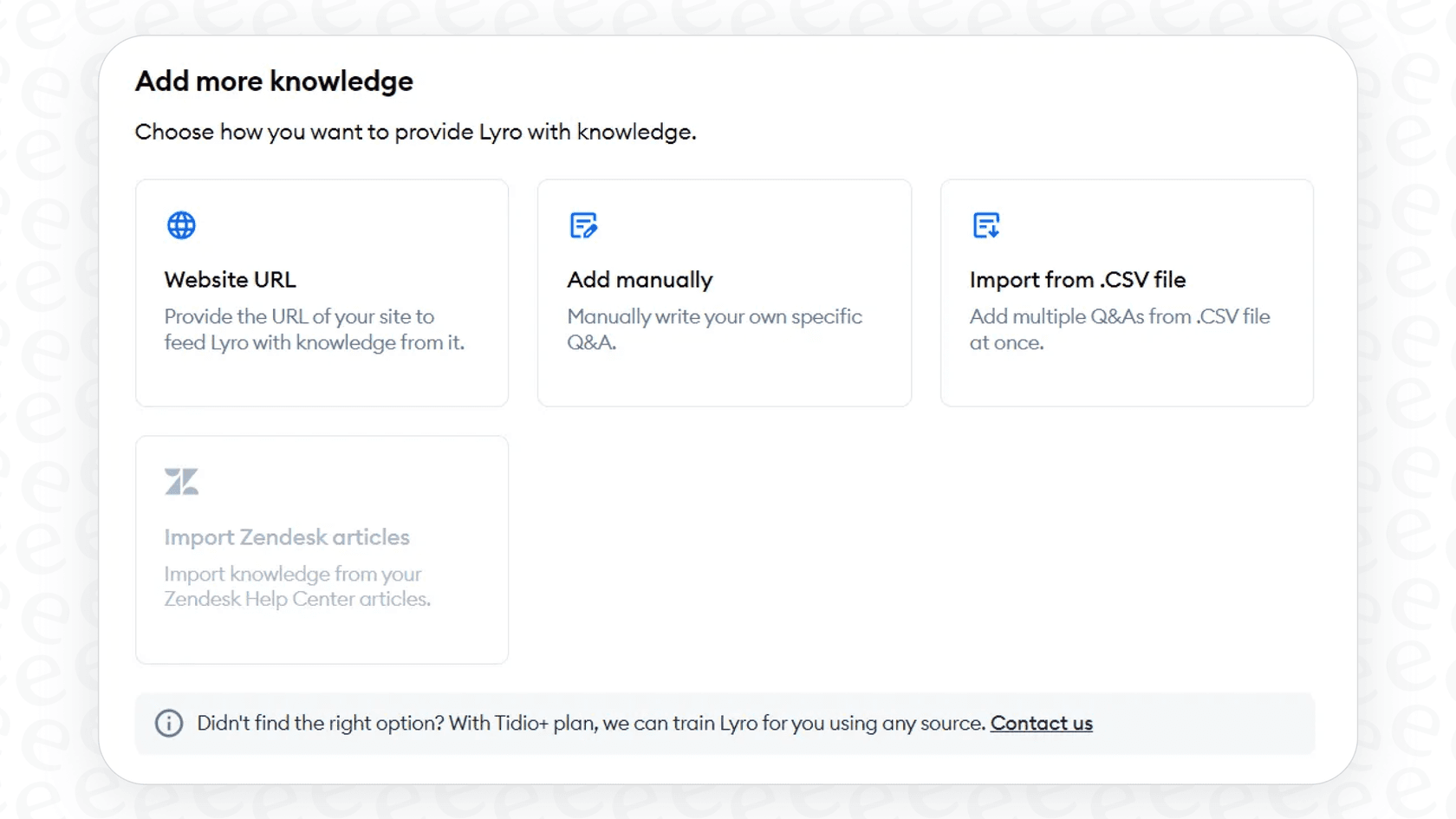 A view of the Lyro AI knowledge base dashboard, highlighting the various data source options available for training the AI.