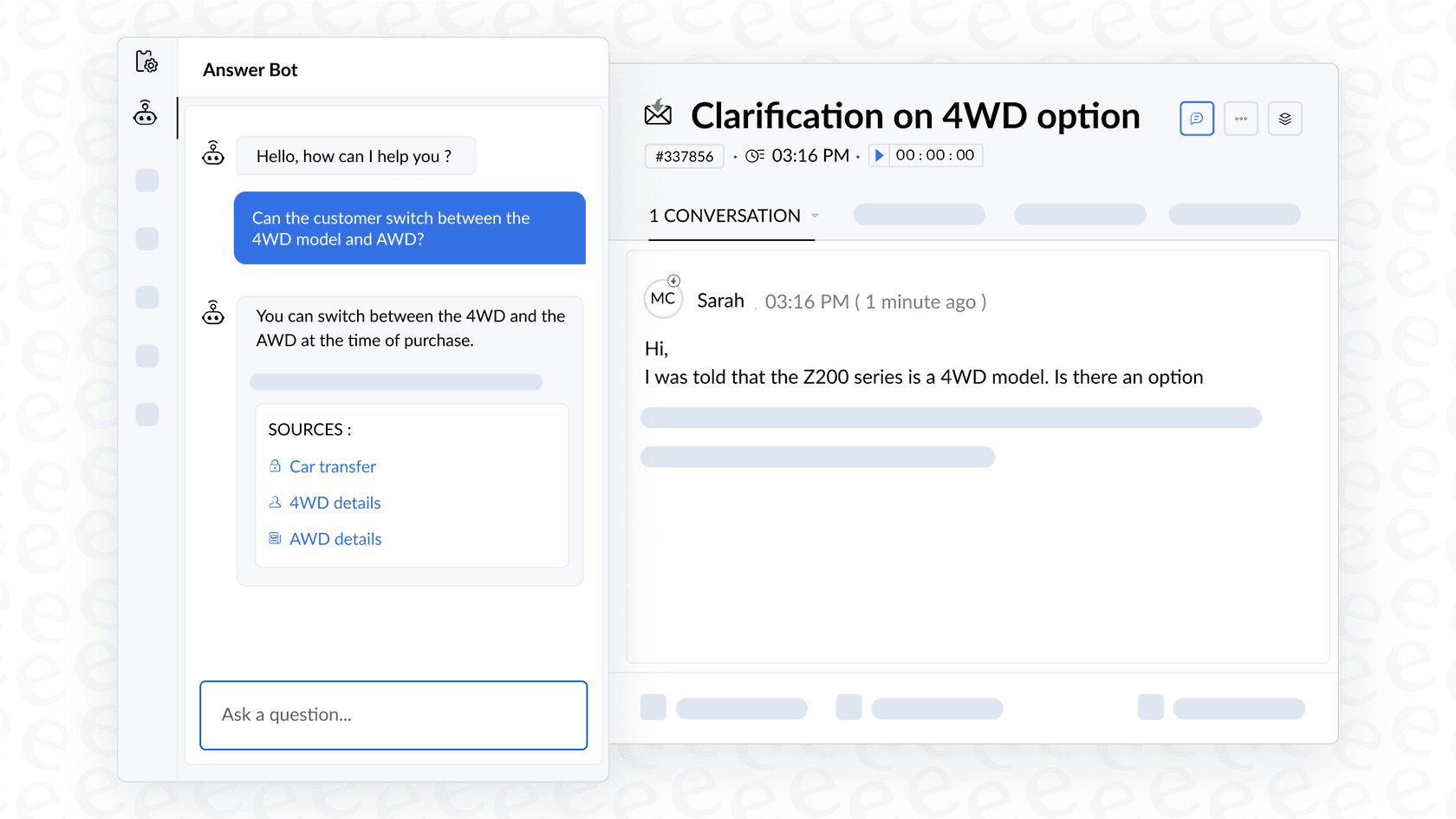 A screenshot of the Zoho Desk Zia Answer Bot in action, providing automated responses to customer queries.