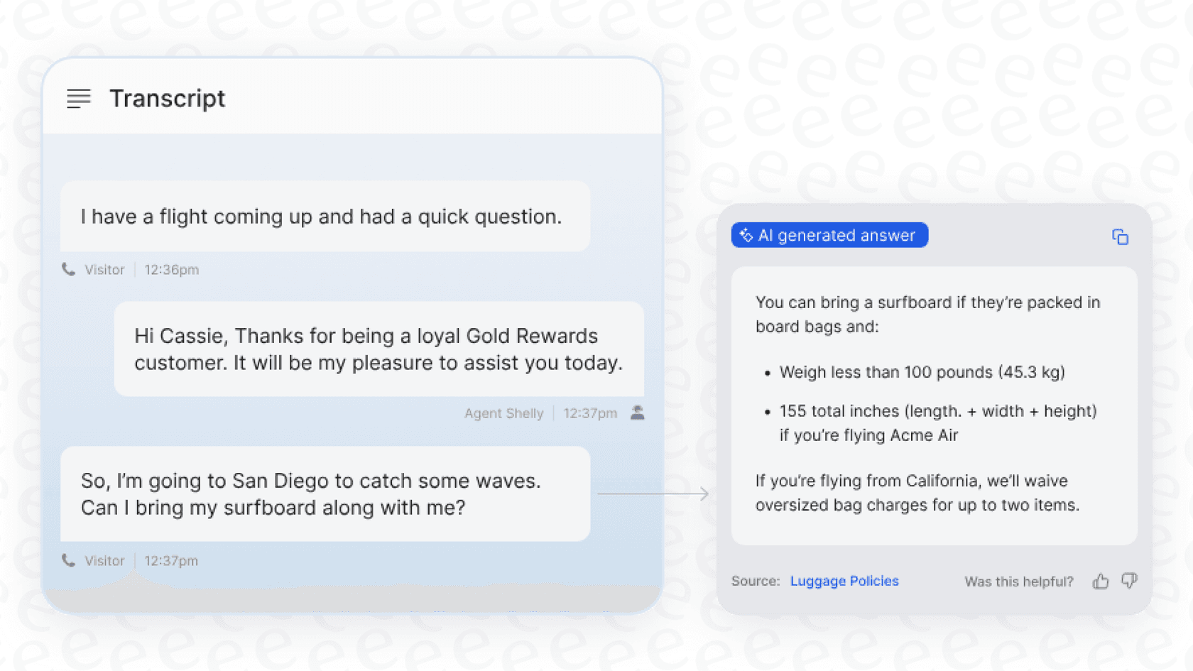 A demonstration of the Cresta AI Agent handling a customer query.