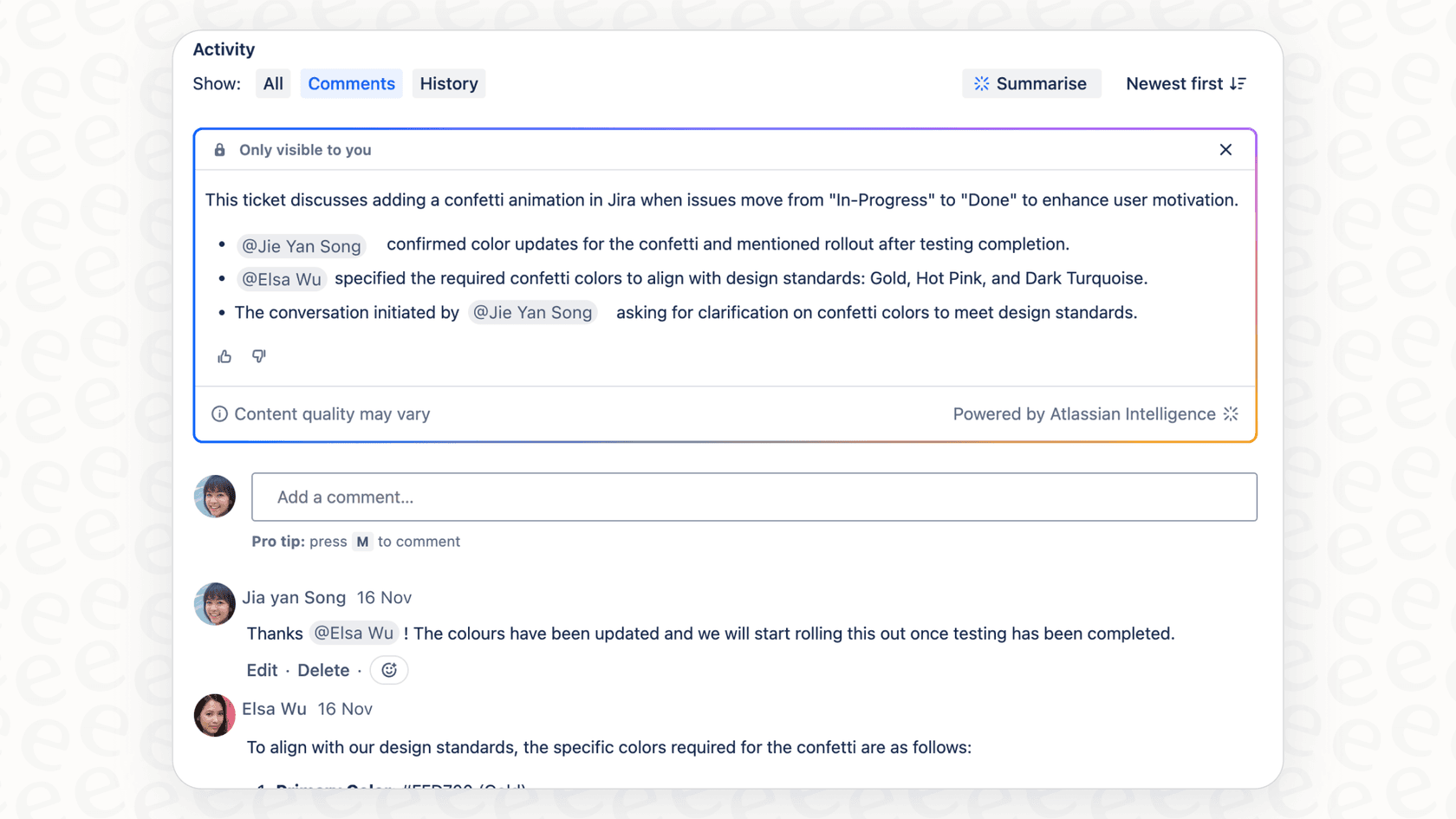 An example of Atlassian Intelligence AI automation rules in action, with an AI summary feature helping a support agent quickly understand a complex ticket.