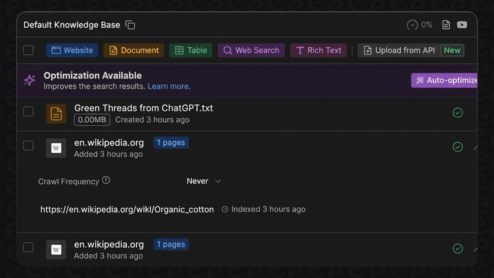 Screenshot of the Botpress Default Knowledge Base.