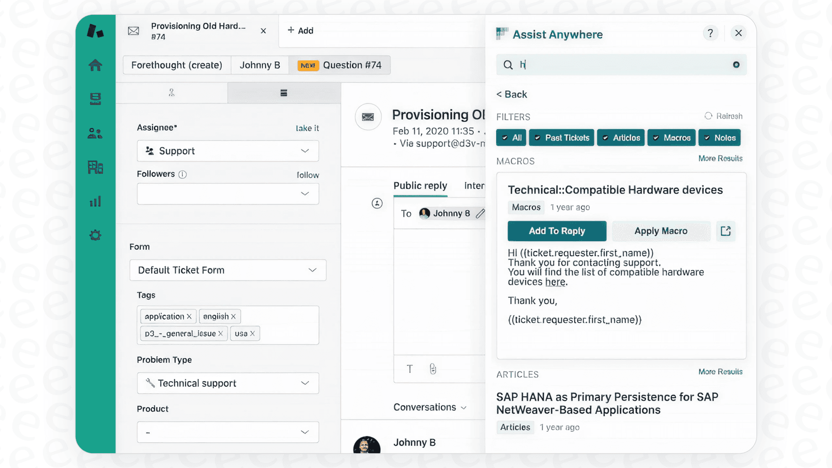 An example of Forethought assisting a support agent.