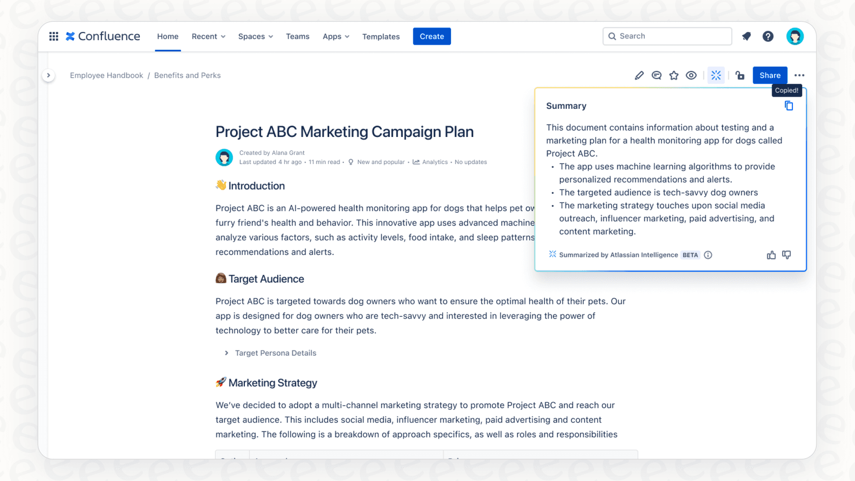A view of the Atlassian Intelligence summarize Confluence pages button within a Confluence document.