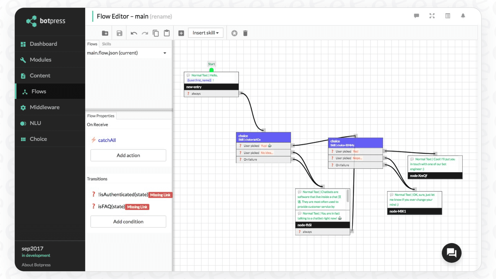 A look at the visual flow builder in this Botpress review, showing the developer-focused interface.