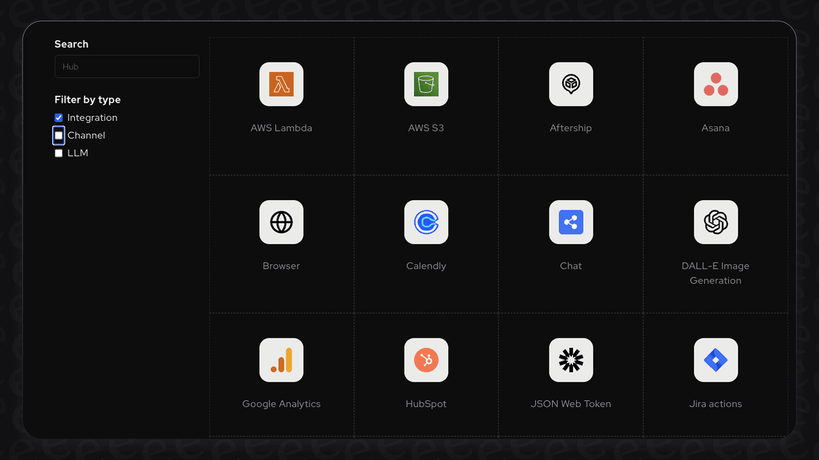 A view of the Botpress Hub, showing the library of integrations.