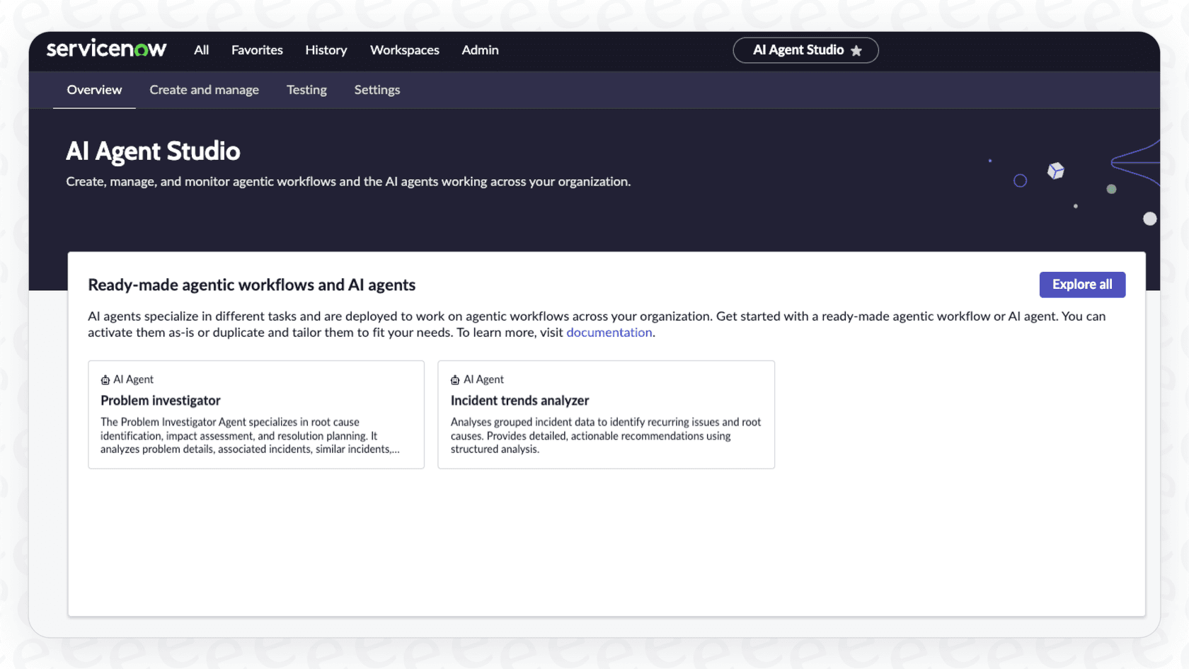 A dashboard view detailing the core components of the ServiceNow AI Agent Studio, including AI Agents, Agentic Workflows, and the AI Agent Orchestrator.