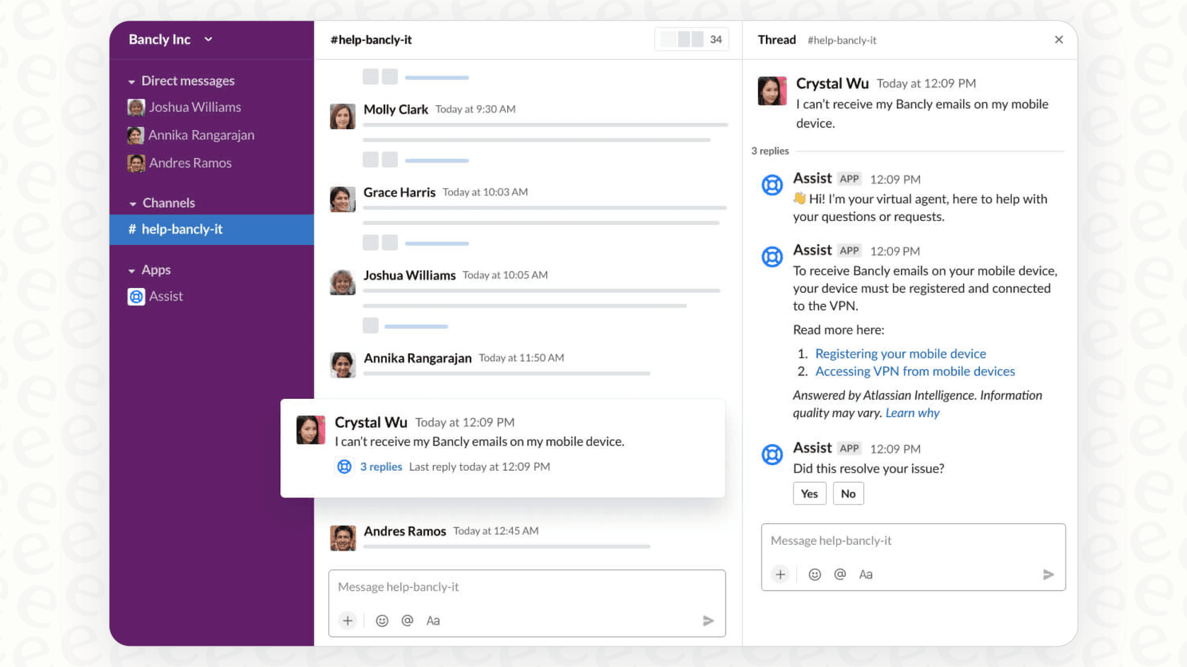 A screenshot showing a user asking a question to the Atlassian Intelligence Virtual Agent in Slack.