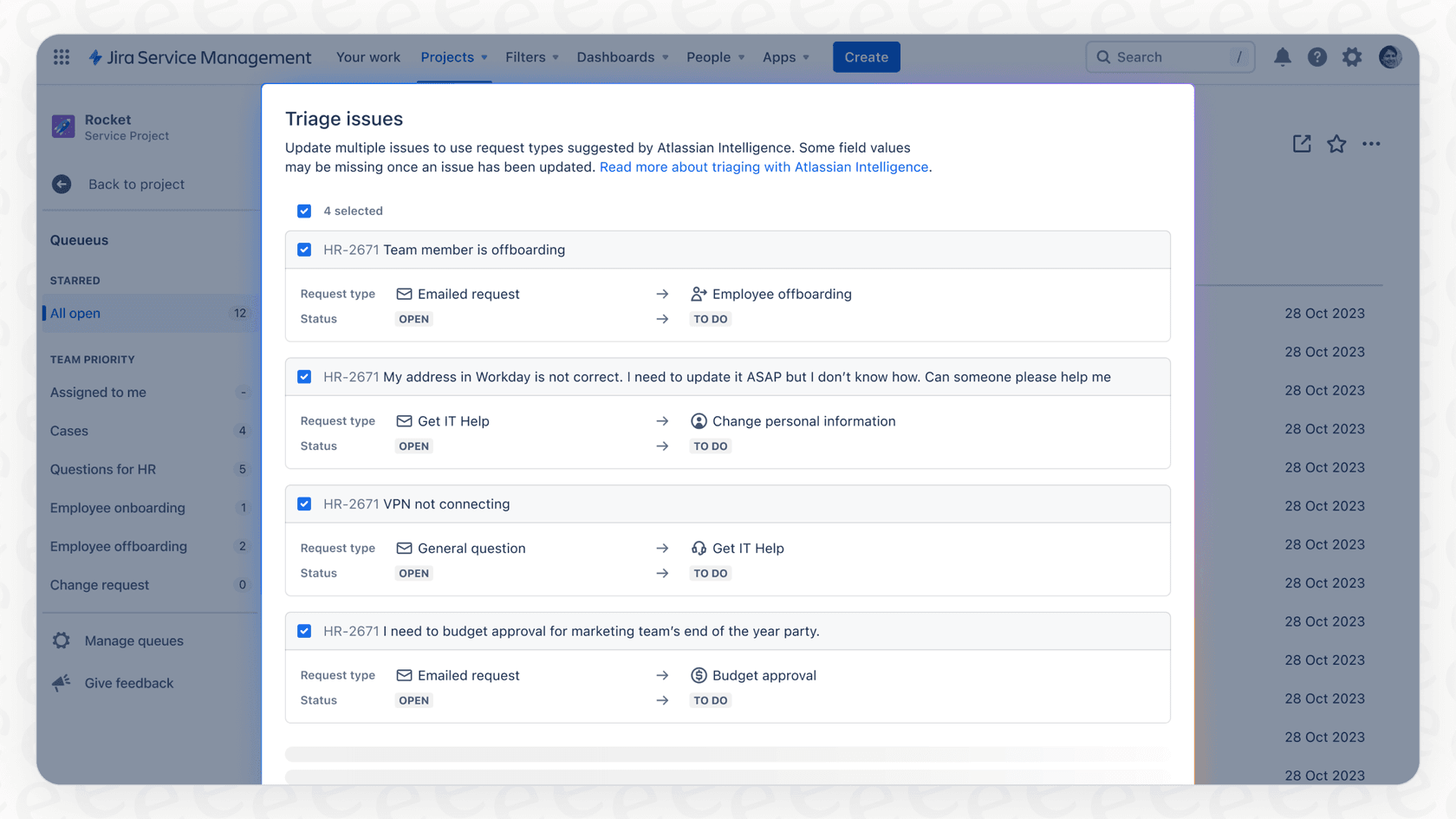 A user interacting with the Atlassian Intelligence Triage Issues feature inside Jira Service Management.
