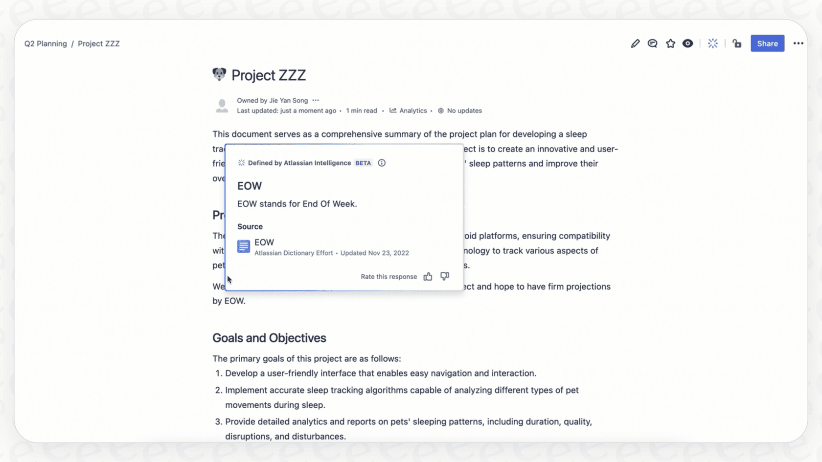 A user highlighting the acronym "EOW" on a Confluence page, triggering the Atlassian Intelligence Define Terms pop-up.