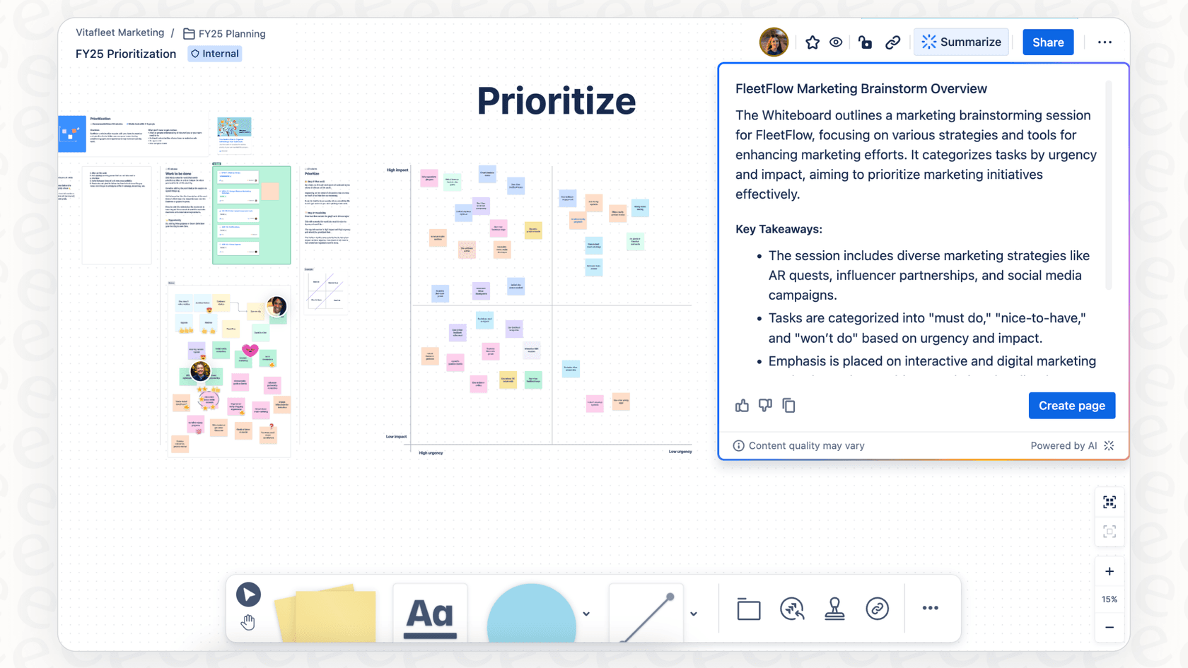 A close-up of the user interface for the Atlassian Intelligence summarize Confluence pages feature.