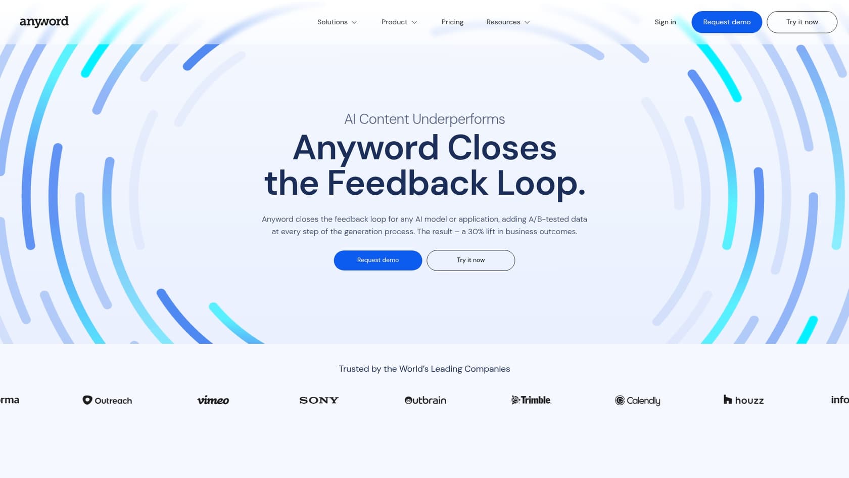 A screenshot of the Anyword landing page, which focuses on performance-driven content, making it a strong choice for the best AI writer for business blogs.