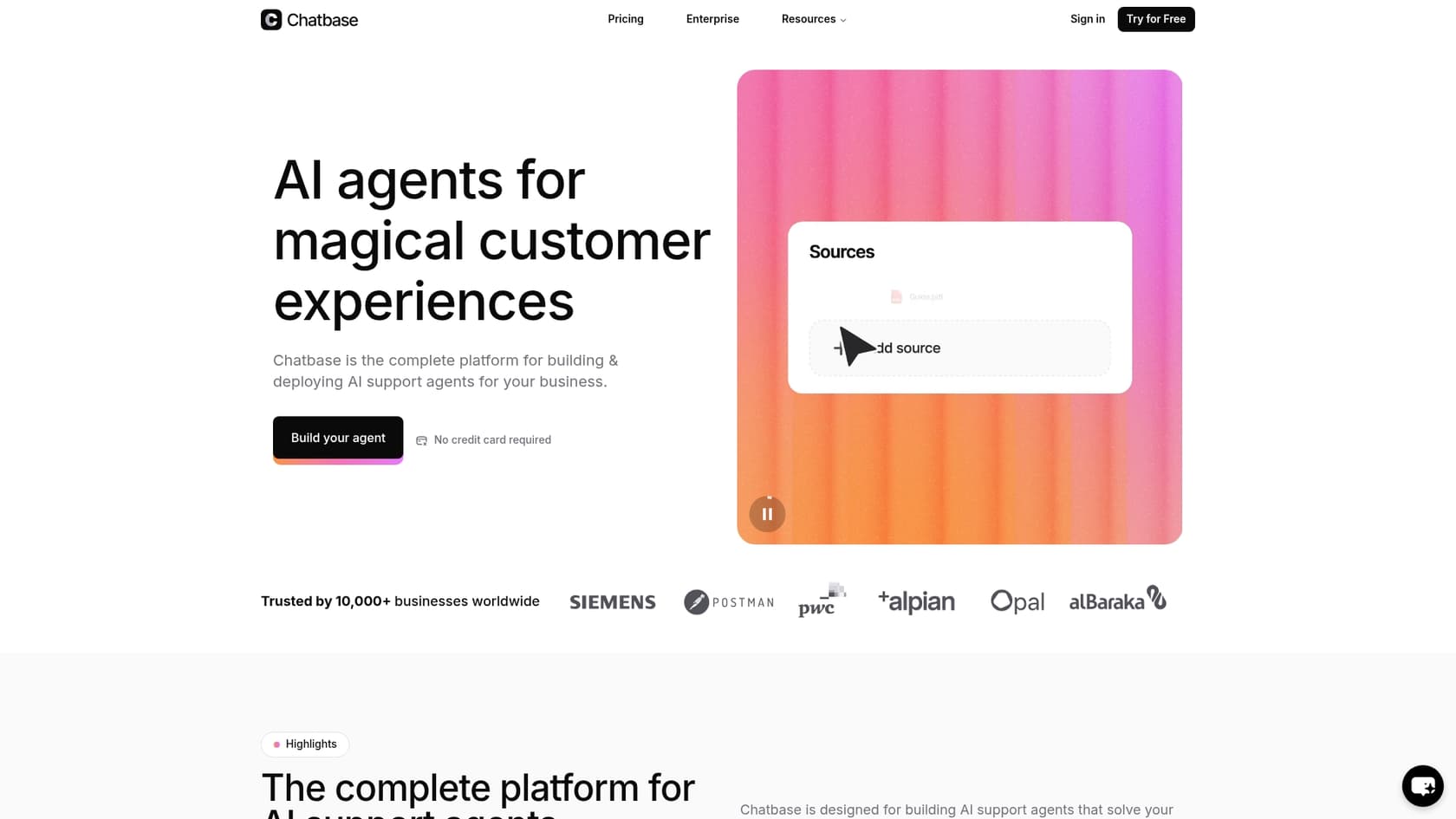 A screenshot of the Chatbase landing page, introducing the AI chatbot builder.::