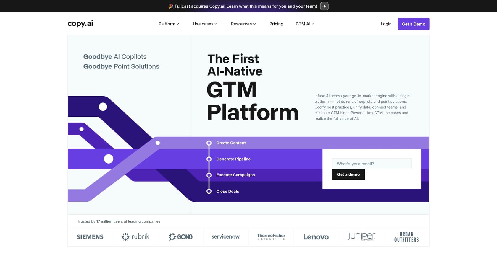 A screenshot of the Copy.ai landing page, highlighting its workflow automation capabilities, making it a candidate for the best AI writer for business blogs.