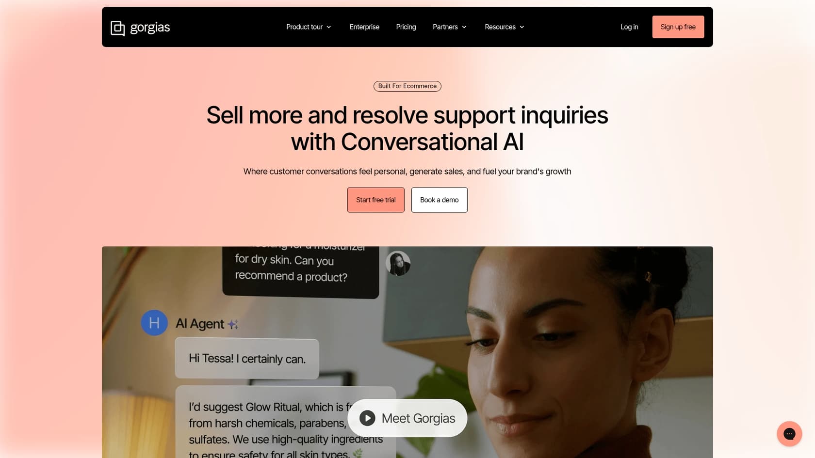A screenshot of the Gorgias landing page, a helpdesk built for e-commerce stores.