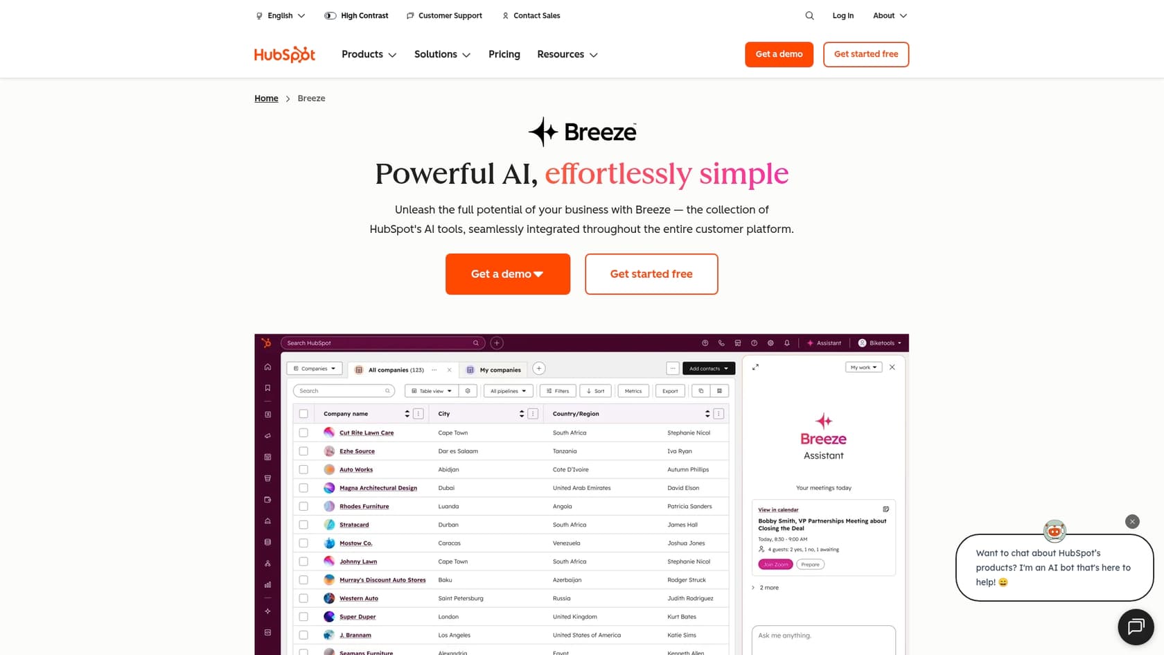 A screenshot of the HubSpot landing page, which has an AI agent shopping assistant feature.
