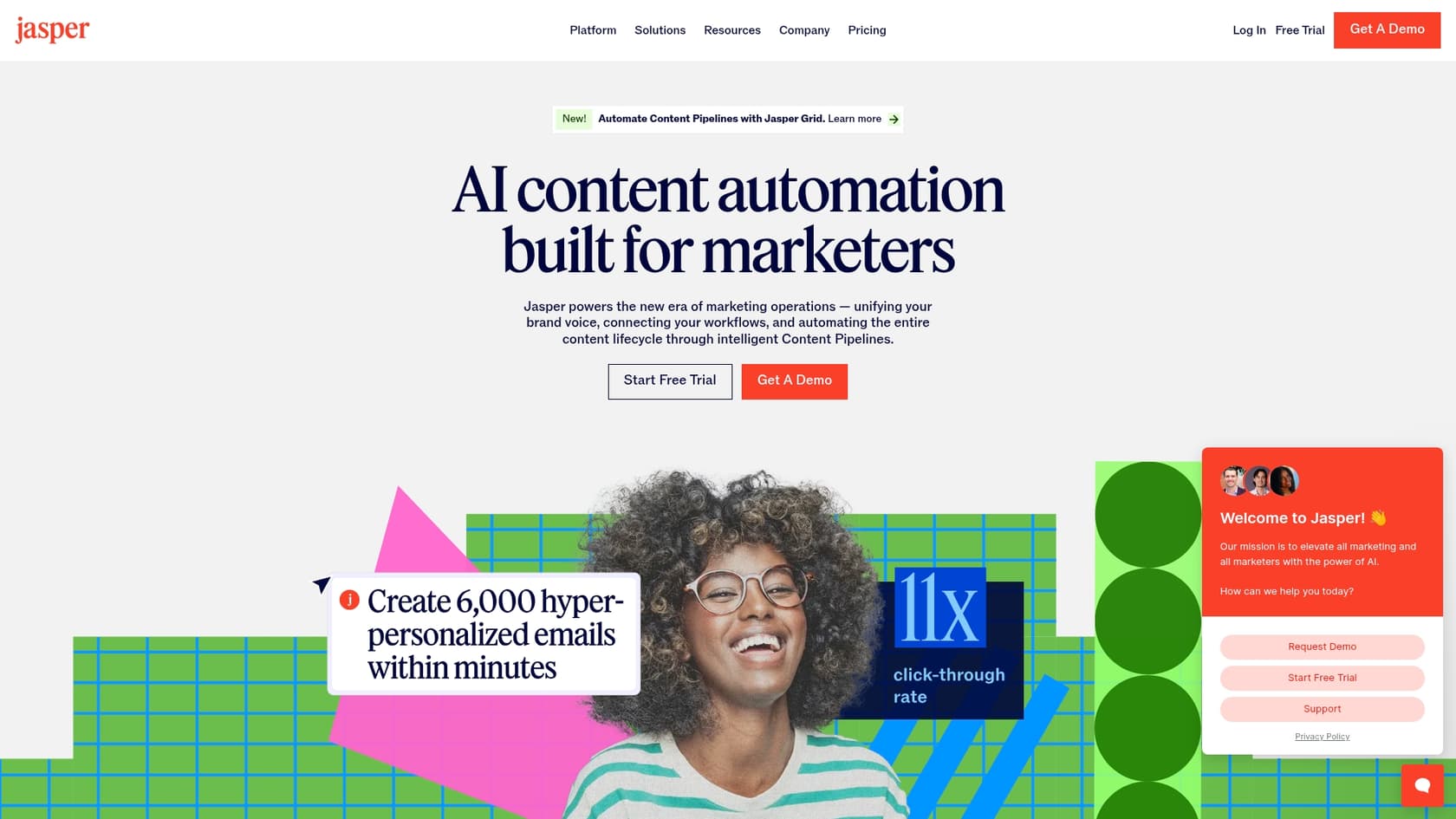 A screenshot of the Jasper landing page, one of the best AI tools for writing SEO rich blog content.