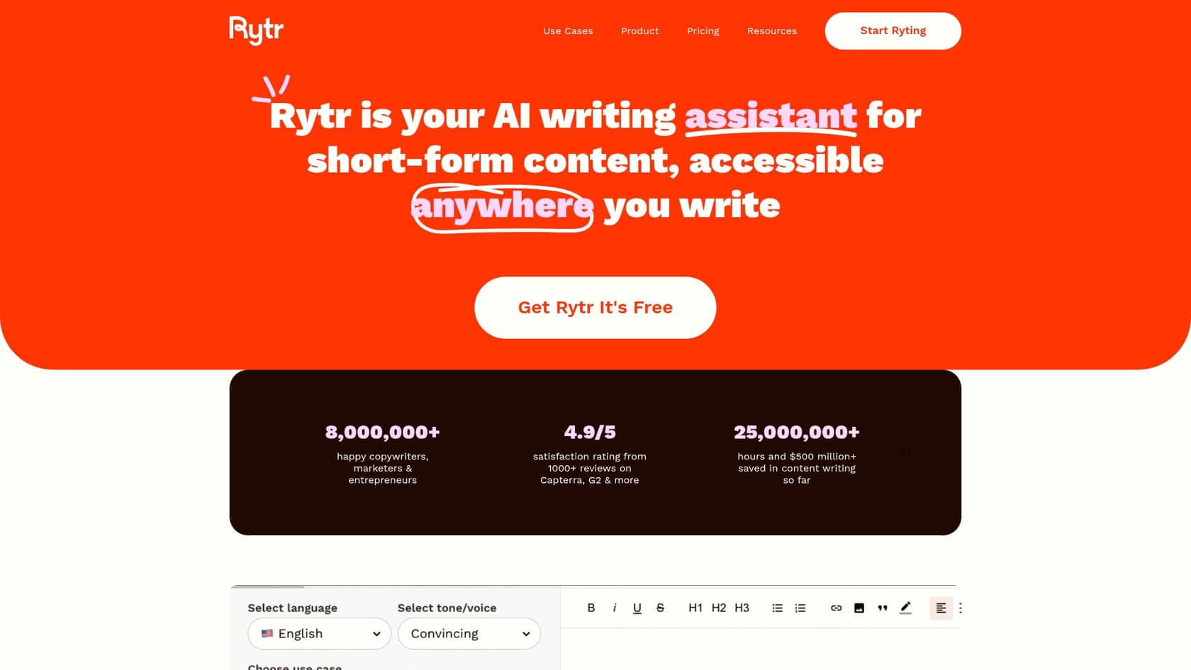The landing page for Rytr, a budget-friendly AI blog generator free unlimited option.