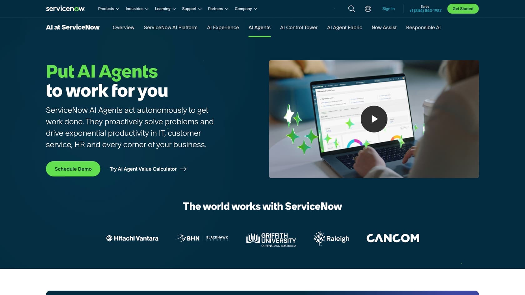 A screenshot of the ServiceNow AI Agents page