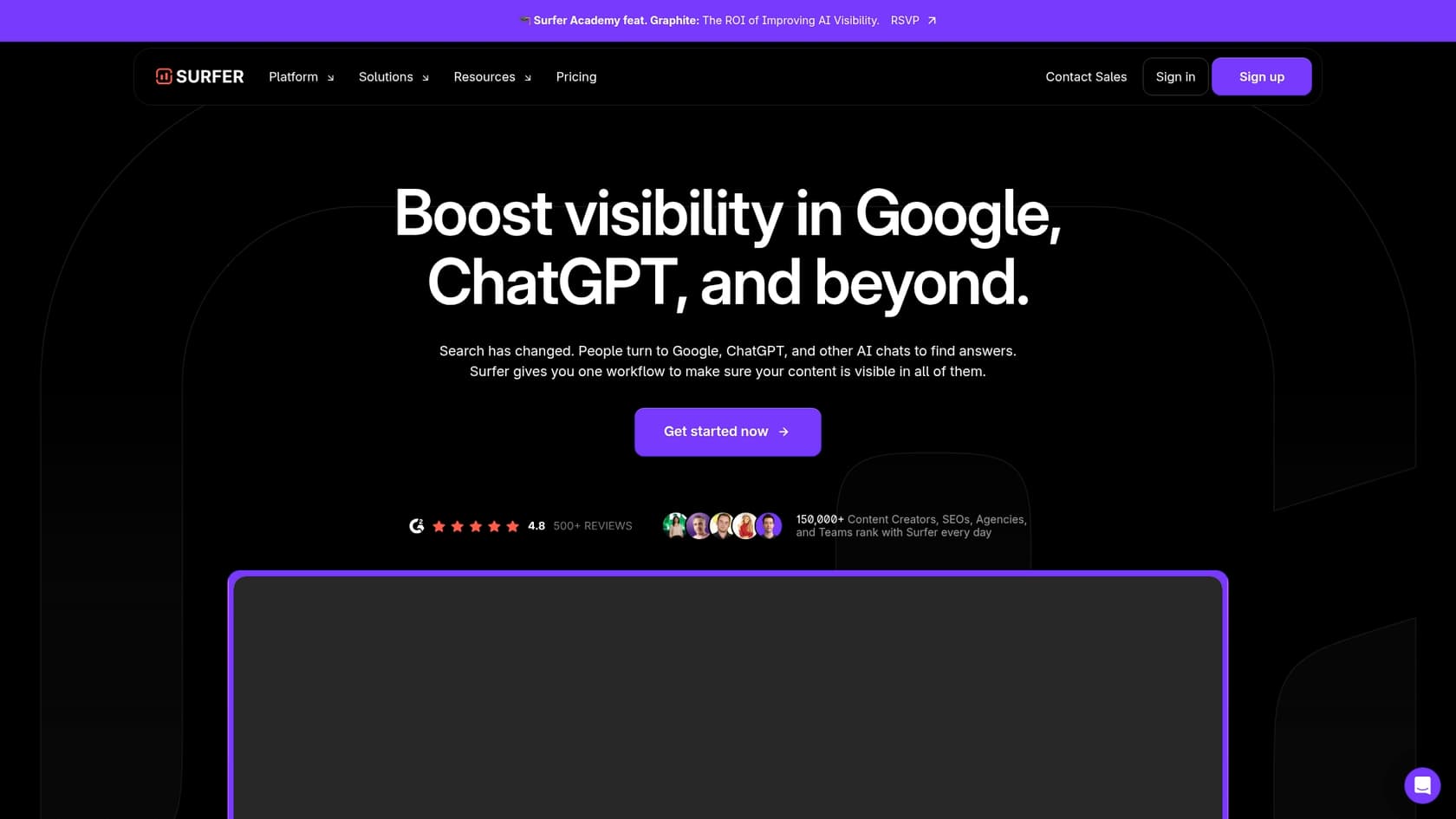 A screenshot of the Surfer SEO landing page, a content optimization tool.