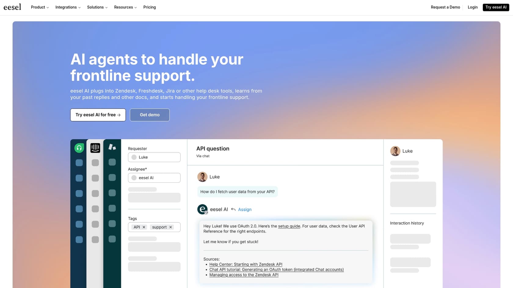 A screenshot of the eesel AI Agent landing page, demonstrating how it complements platforms like the ServiceNow Gartner Magic Quadrant leader.