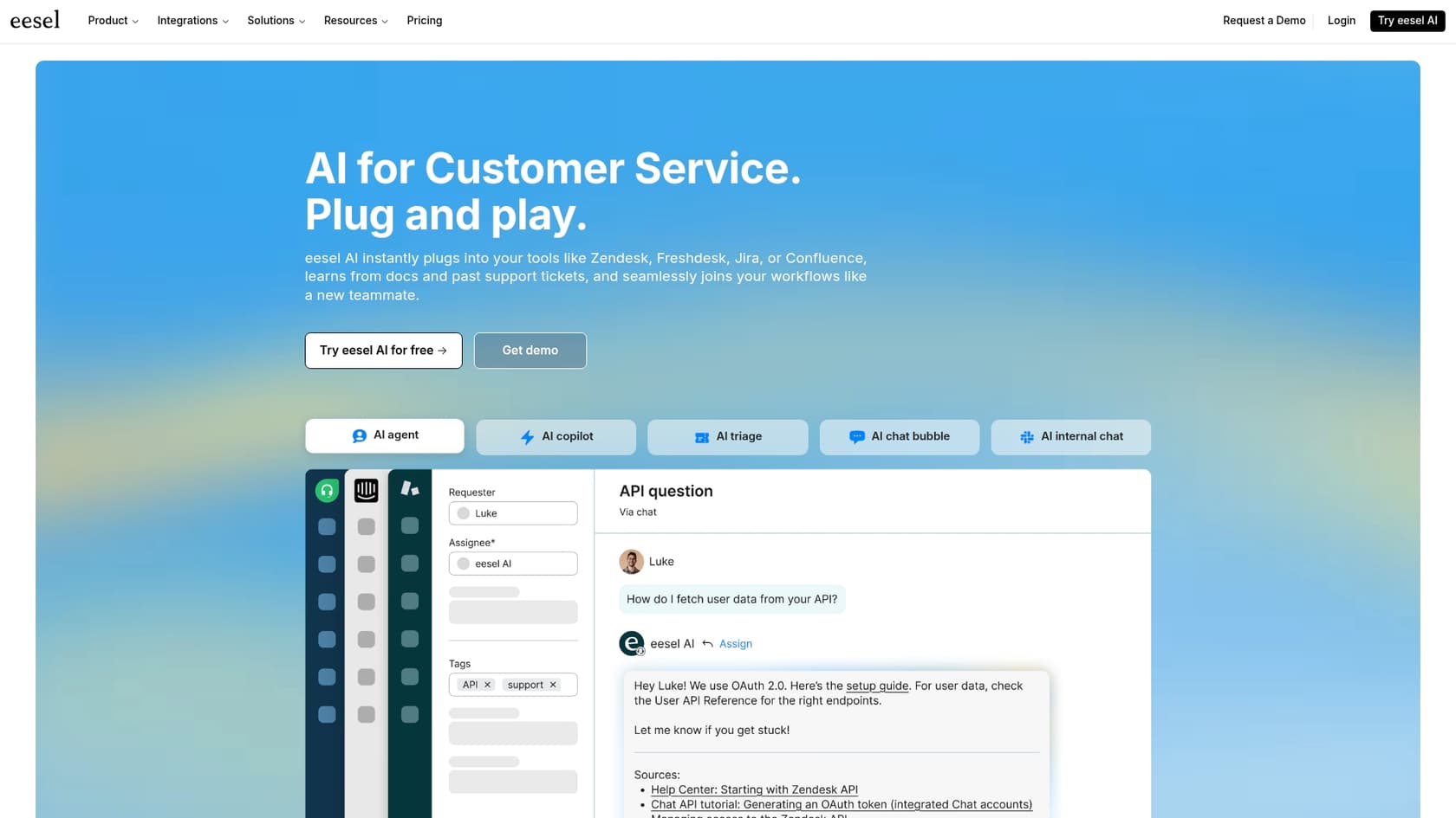 A screenshot of the eesel AI homepage, one of the best AI answering services.