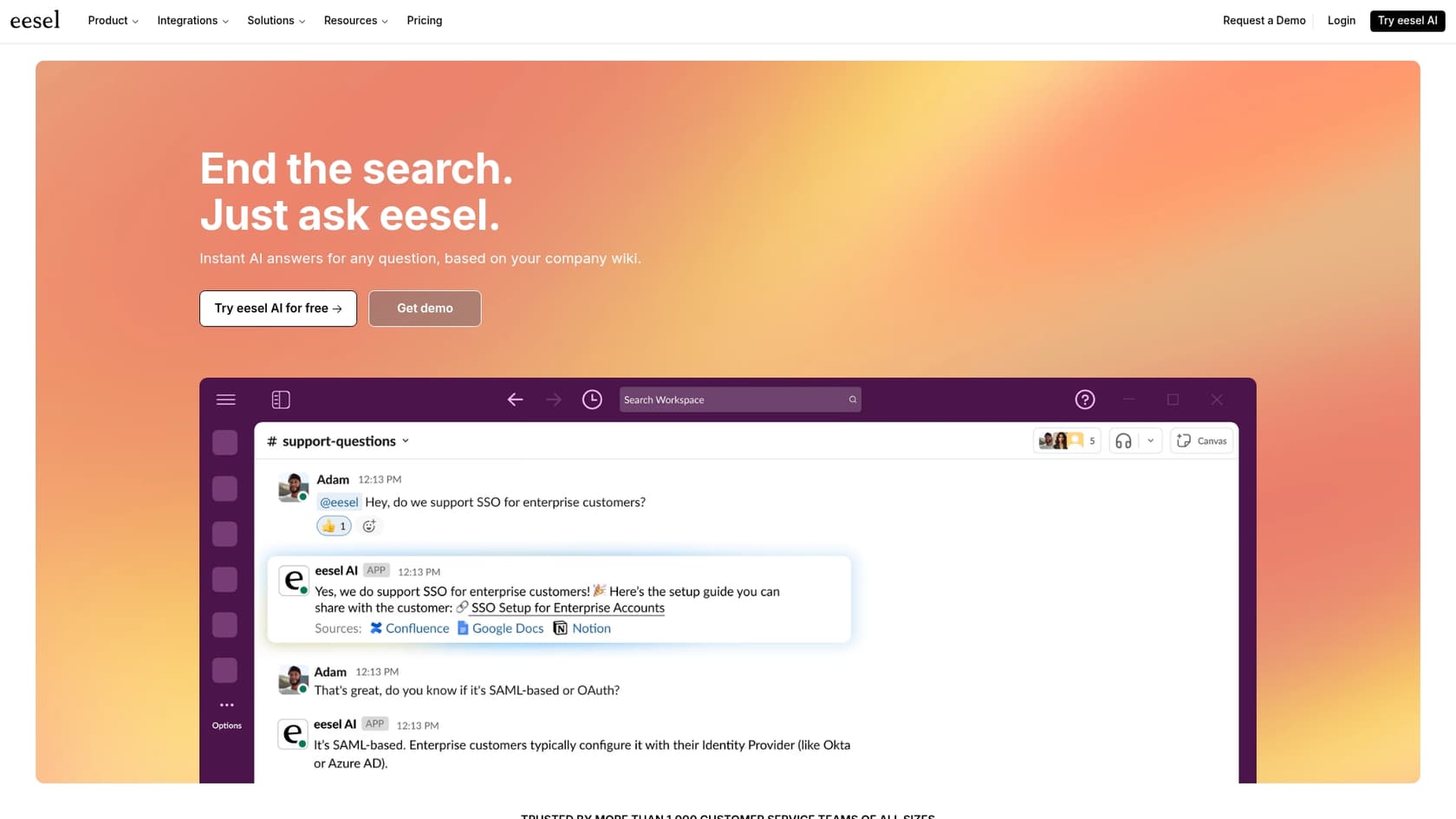 Una imagen que muestra el Chat Interno con IA de eesel en acción, una función central de su help desk de TI con IA.