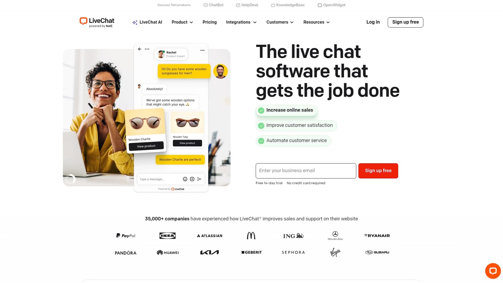 A screenshot of the LiveChat landing page, one of the best AI tools for Shopify.